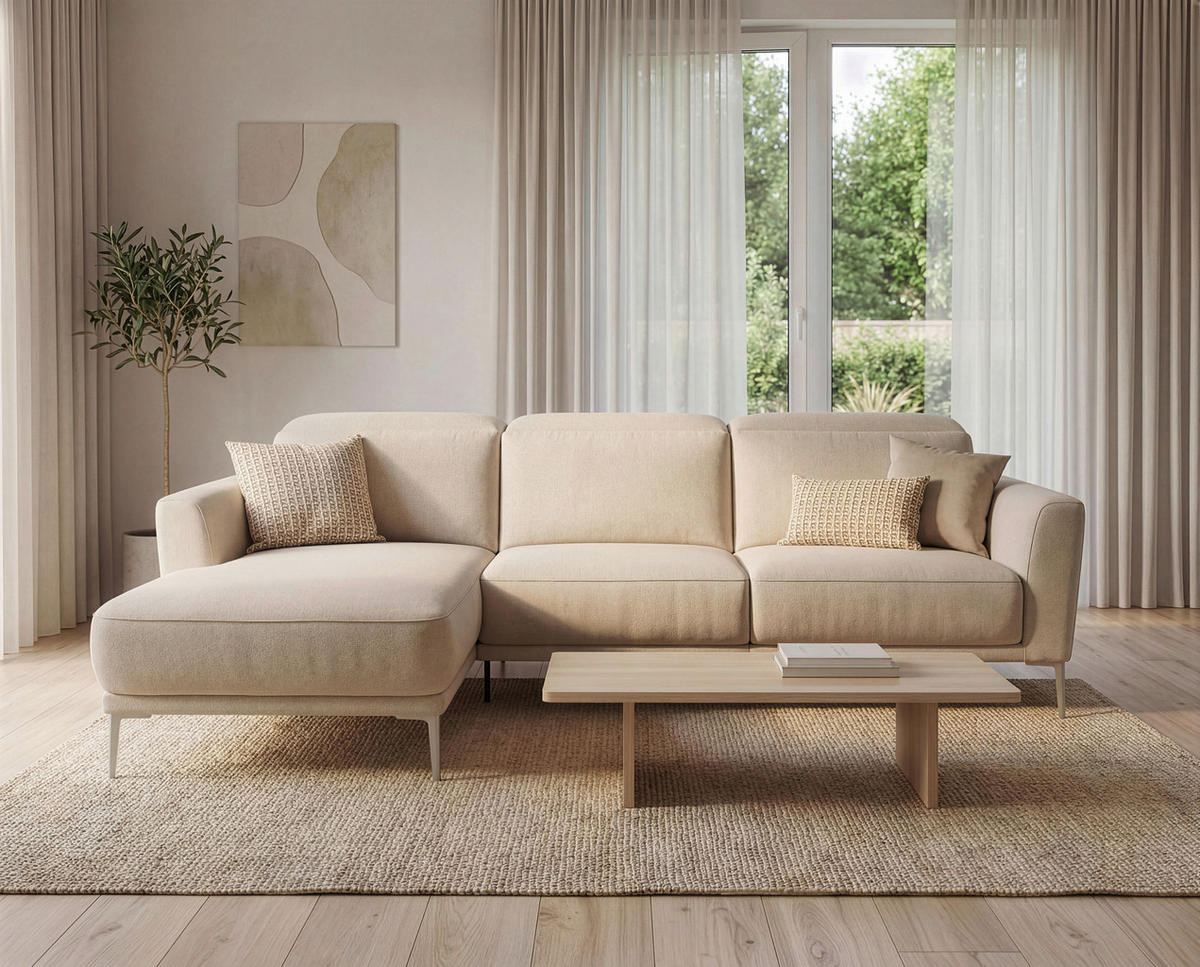 ECKSOFA Creme Flachgewebe  - Beige/Creme, Design, Textil/Metall (177/280cm) - Johann Jakob