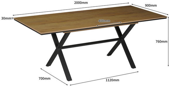 ESSTISCH Schwarz, Eichefarben rechteckig  ausziehbar  - Eichefarben/Schwarz, Design, Holzwerkstoff/Metall (160-200/90/76cm) - Carryhome