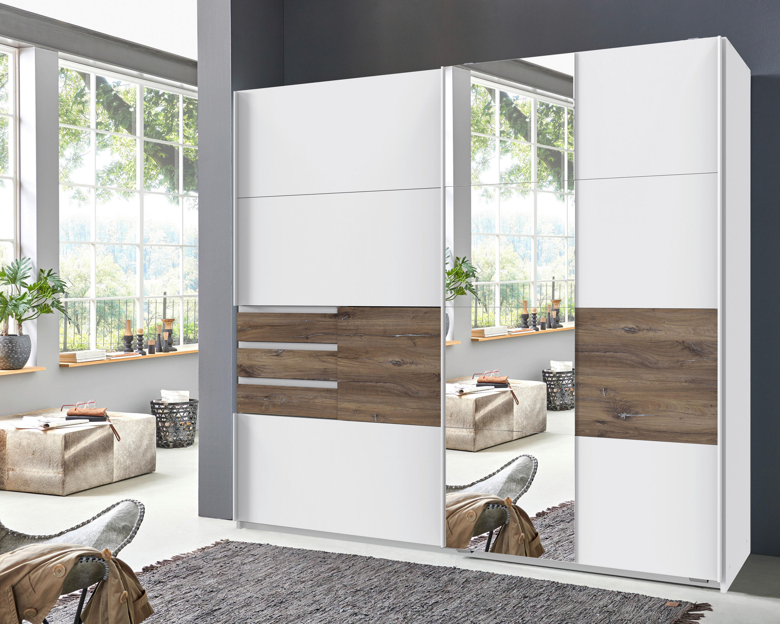 SCHWEBETÜRENSCHRANK in Weiss, Eichefarben  - Weiss/Eichefarben, Konventionell, Glas/Holzwerkstoff (180/198/65cm) - Modante