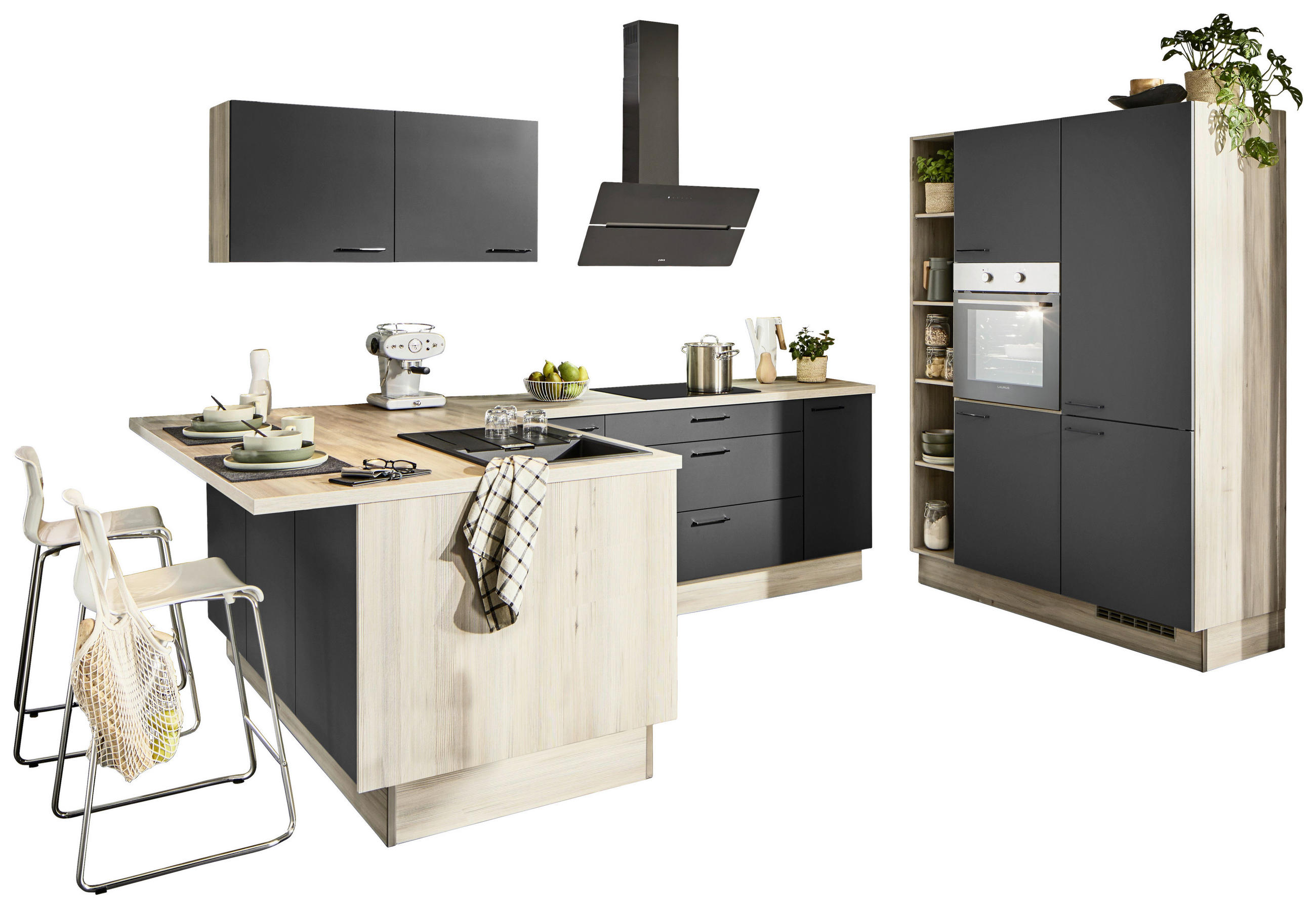 ECKKÜCHE  in Graphitfarben, Tannenholzfarben  - Tannenholzfarben/Schwarz, Design, Holzwerkstoff/Metall (121,6/280/150cm) - Xora