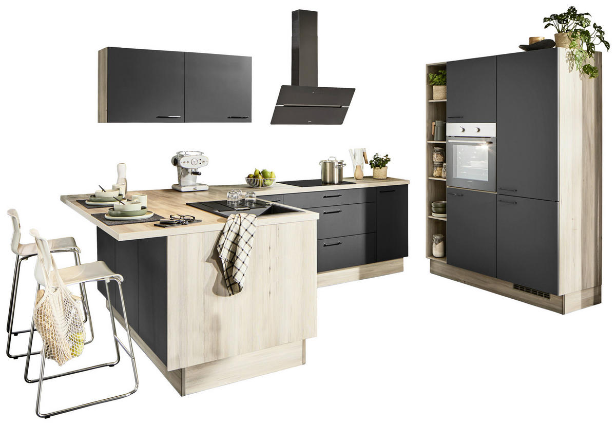 ECKKÜCHE  in Graphitfarben, Tannenholzfarben  - Tannenholzfarben/Schwarz, Design, Holzwerkstoff/Metall (121,6/280/150cm) - Xora