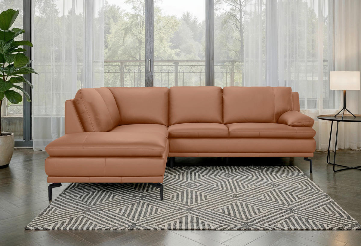 ECKSOFA Cognac Echtleder  - Cognac/Schwarz, Design, Leder (221/248cm) - MID.YOU