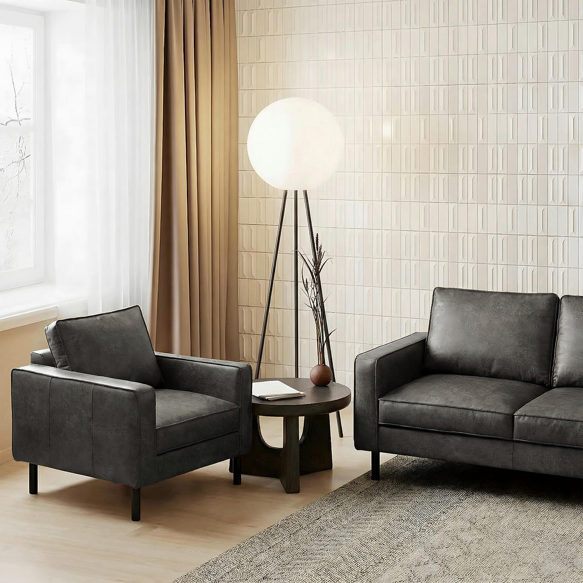 SESSEL in Lederlook Echtleder Dunkelgrau  - Dunkelgrau/Schwarz, Design, Leder/Textil (88/85/92cm) - Livetastic