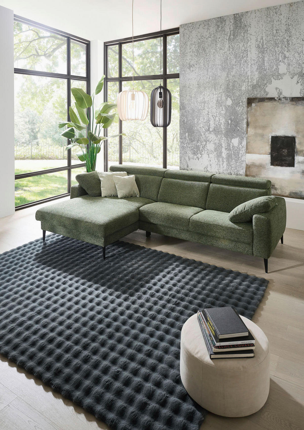 ECKSOFA Grün Chenille  - Schwarz/Grün, KONVENTIONELL, Textil/Metall (177/300cm) - Valdera