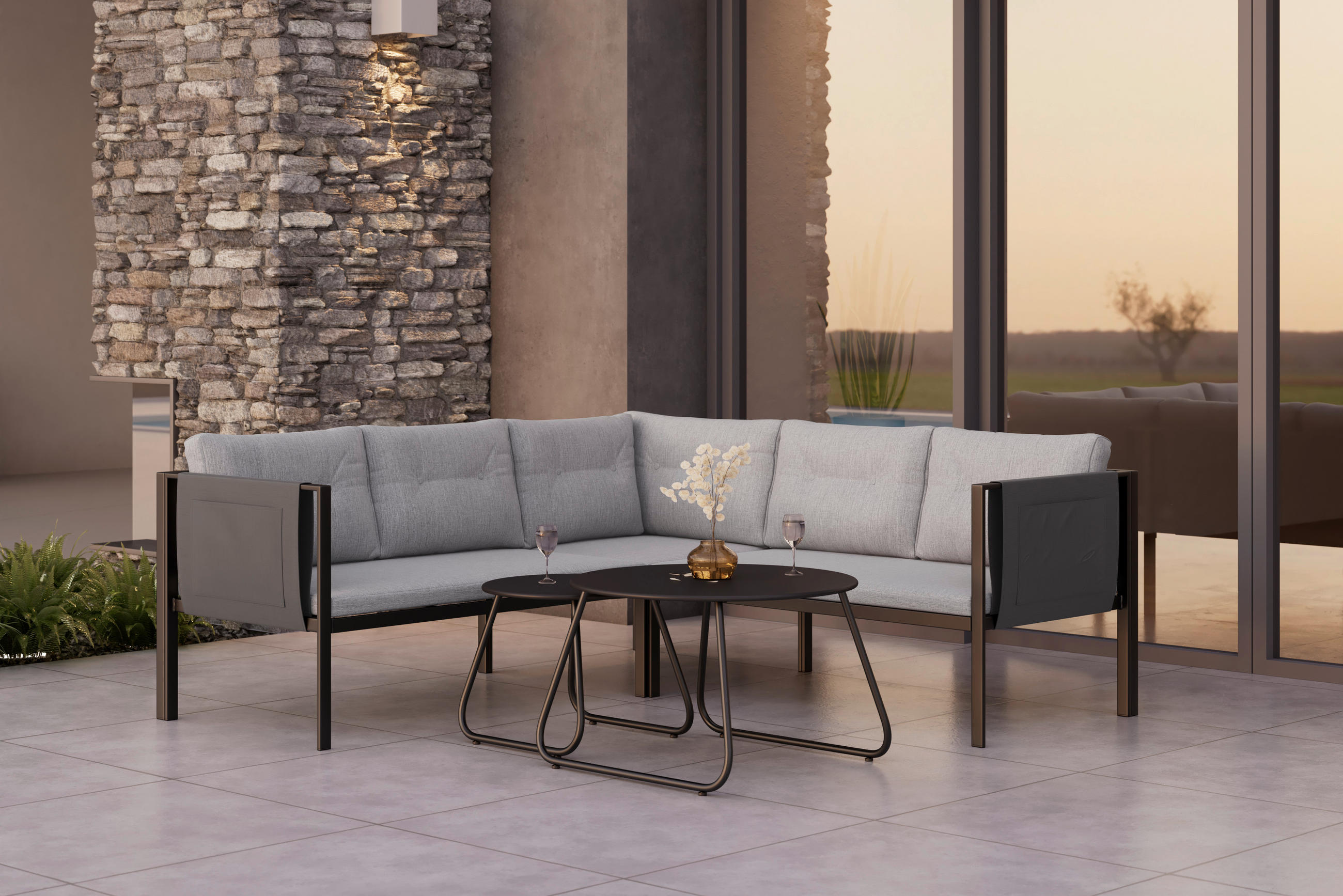 LOUNGEGARNITUR 186,5/186,5 cm Eisen  - Schwarz/Grau, MODERN, Textil/Metall (186,5/186,5cm) - Ambia Garden