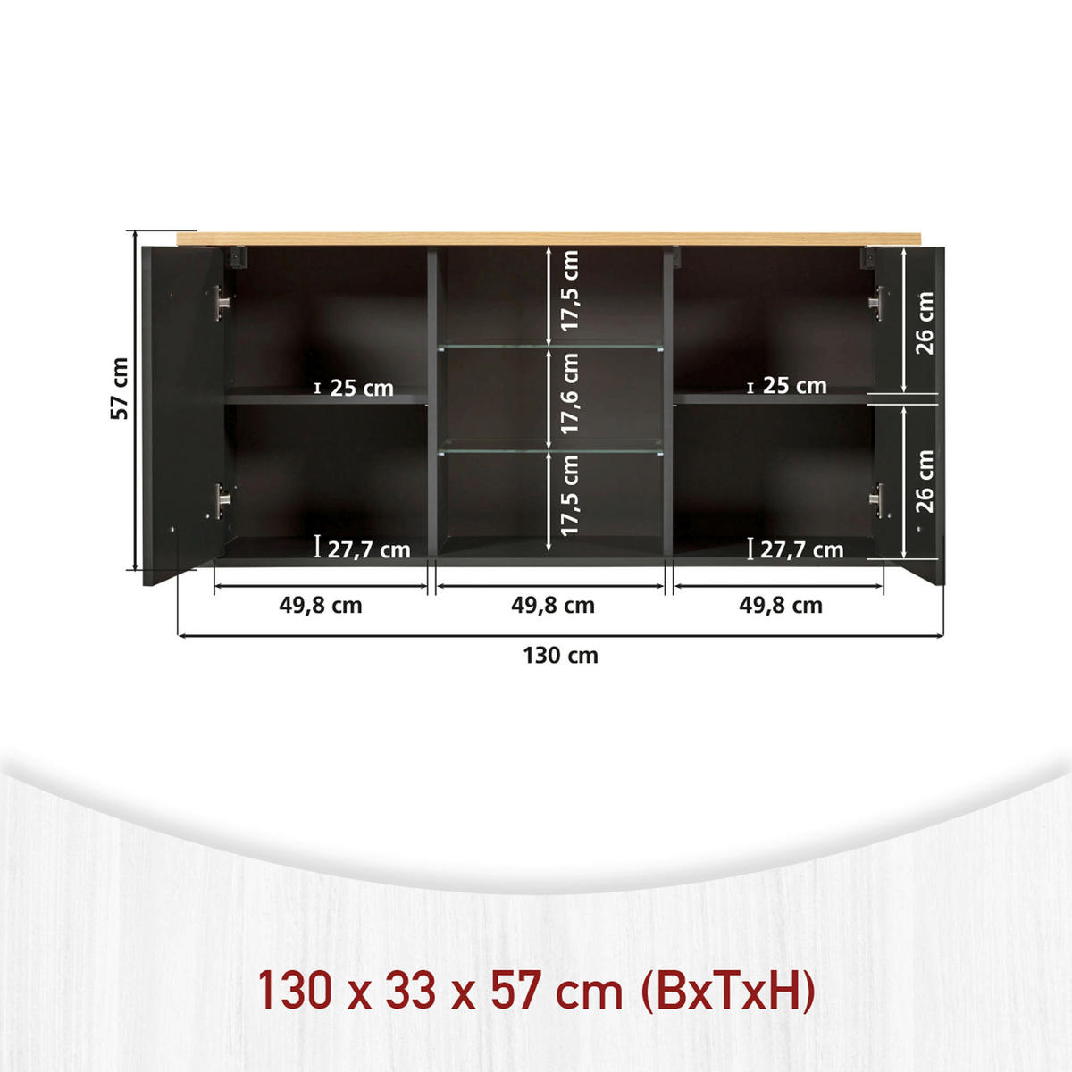 MINIKÜCHE   in Anthrazit, Eiche Artisan  - Anthrazit/Schwarz, MODERN, Glas/Holzwerkstoff (130/92/60cm) - home24