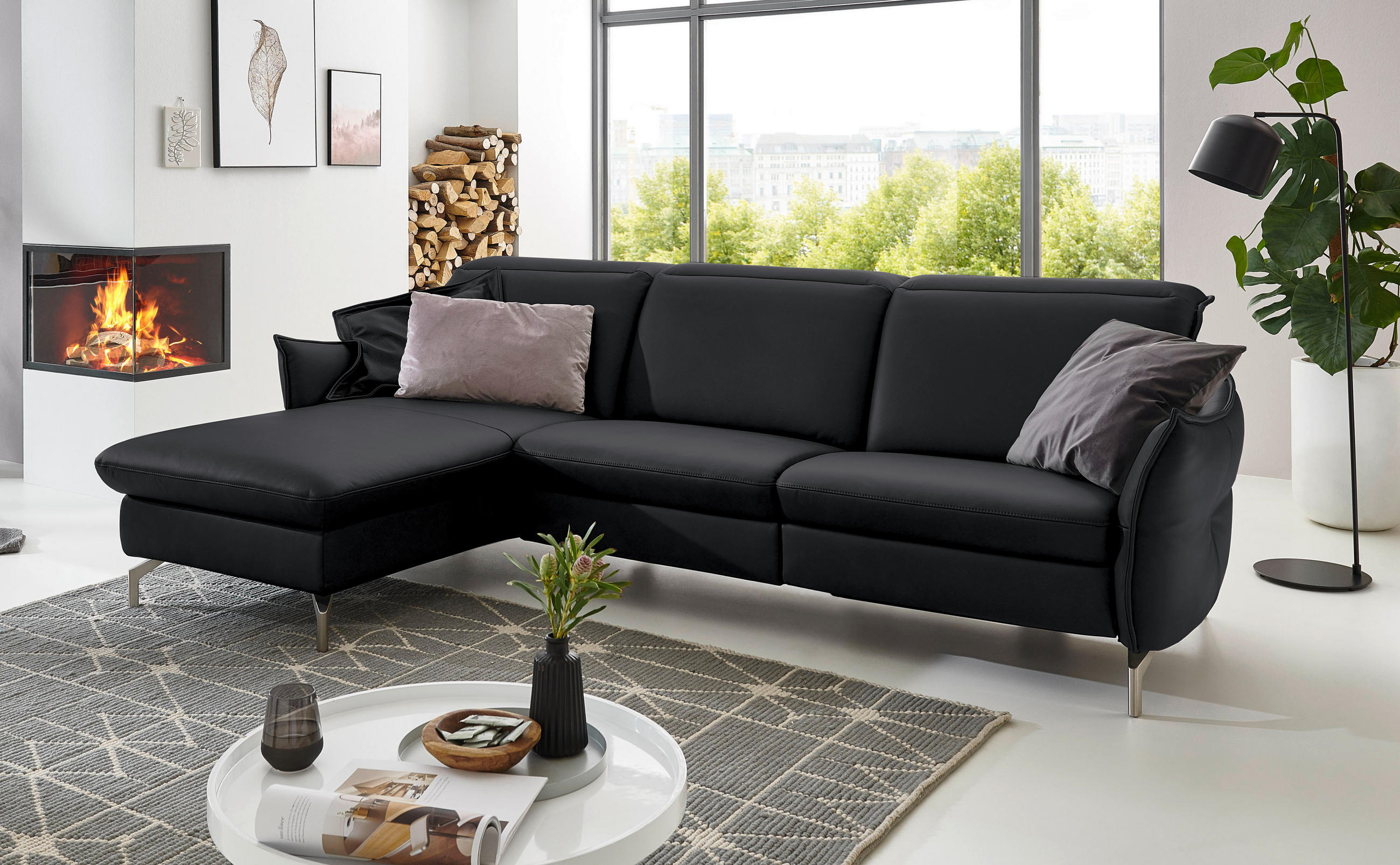 Thumbnail - Livetastic Ecksofa, Schwarz, Leder, Echtleder, Nappaleder, 4-Sitzer, Ottomane links, L-Form, 263x179 cm, Made in EU, Hoc...