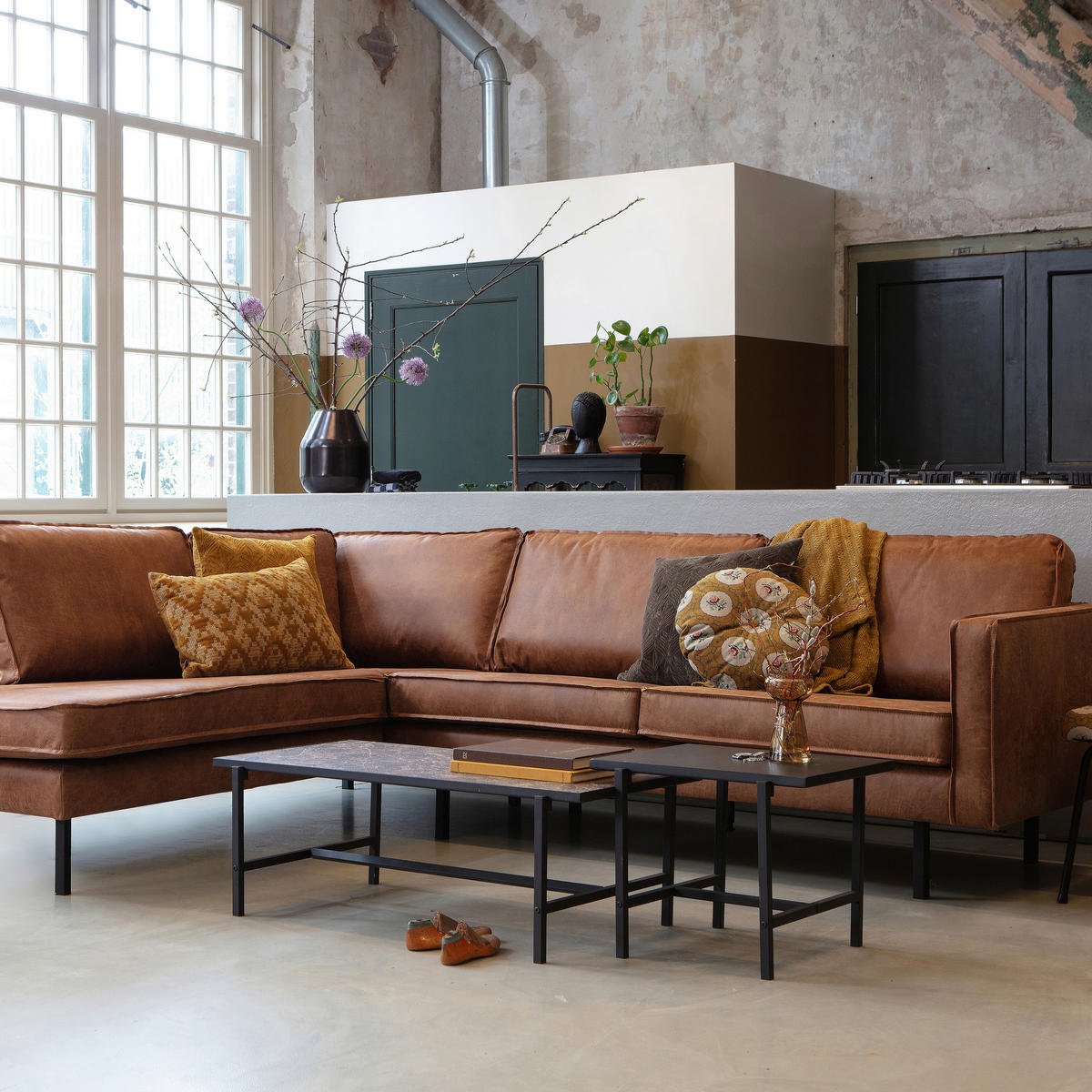 ECKSOFA Rodeo Cognac Echtleder  - Cognac/Schwarz, Design, Leder/Textil (213/266cm) - Livetastic