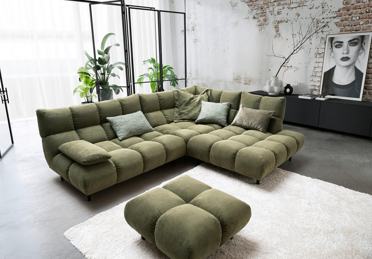 ECKSOFA Feincord Schilfgrün  - Schilfgrün/Schwarz, Design, Holz/Textil (288/215cm) - Pure Home Lifestyle