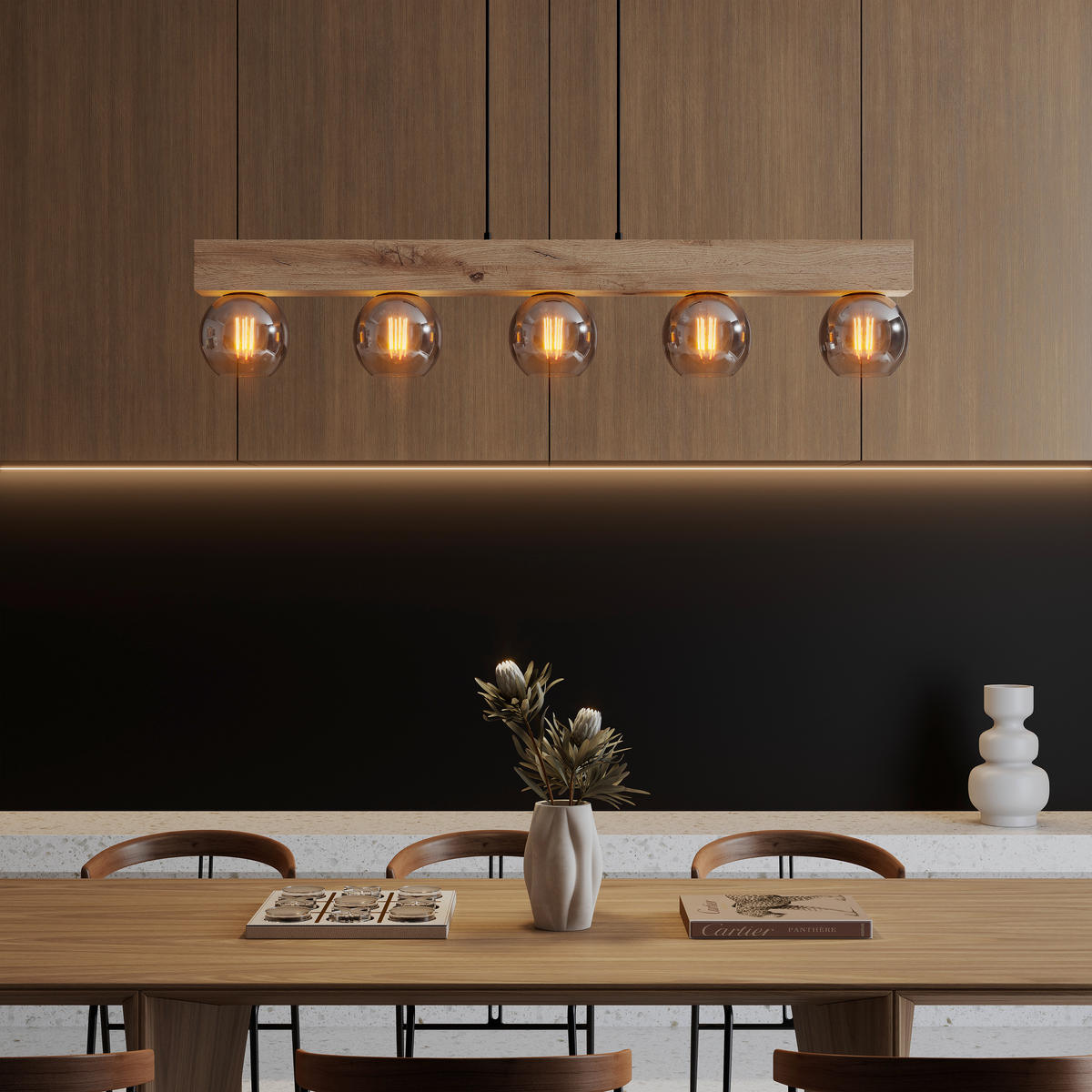 HÄNGELEUCHTE 115/15/120 cm    - Schwarz/Naturfarben, Natur, Glas/Holzwerkstoff (115/15/120cm) - Globo