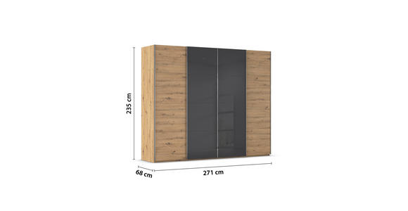 SCHWEBETÜRENSCHRANK 271/235/68 cm 4-türig Grau, Eiche Artisan  - Chromfarben/Eiche Artisan, KONVENTIONELL, Glas/Holzwerkstoff (271/235/68cm) - Novel