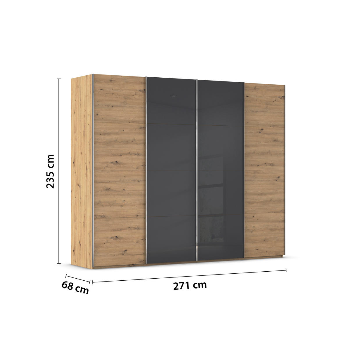 SCHWEBETÜRENSCHRANK 271/235/68 cm 4-türig Grau, Eiche Artisan  - Chromfarben/Eiche Artisan, KONVENTIONELL, Glas/Holzwerkstoff (271/235/68cm) - Novel