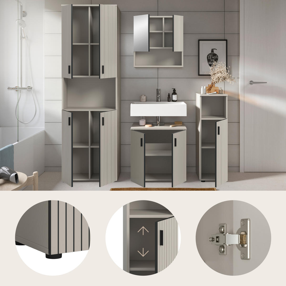 BADEZIMMER 4-teilig  in 150 cm  - Kaschmir/Schwarz, Trend, Glas/Holzwerkstoff (150cm) - MID.YOU