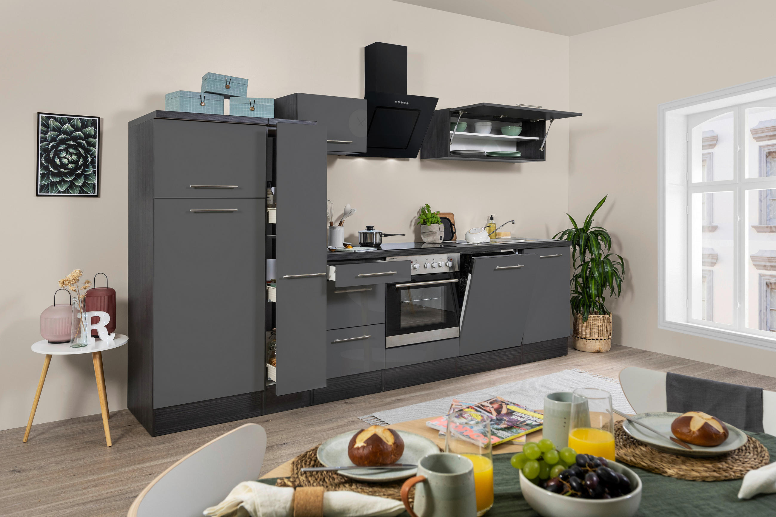 KÜCHENBLOCK 310 cm Grau, Eichefarben E-Geräte, Spüle, Soft-Close-System, Geschirrspülerblende, Ab- und Überlaufgarnitur, Herdanschlusskabel - Edelstahlfarben/Eichefarben, Basics, Metall (310cm) - Respekta
