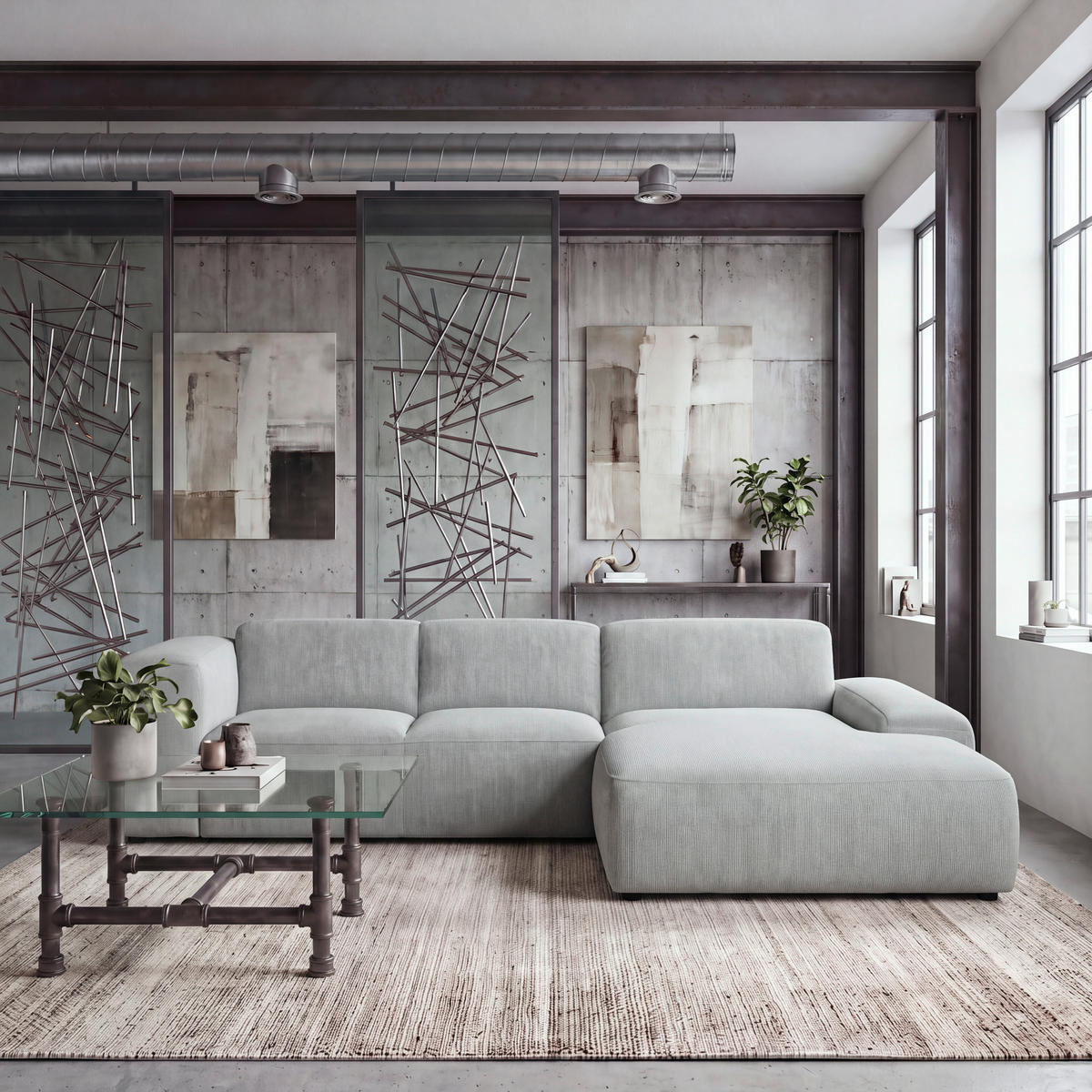 ECKSOFA HANNAH Hellgrau Cord  - Hellgrau/Schwarz, Design, Kunststoff/Textil (304/200cm) - MID.YOU