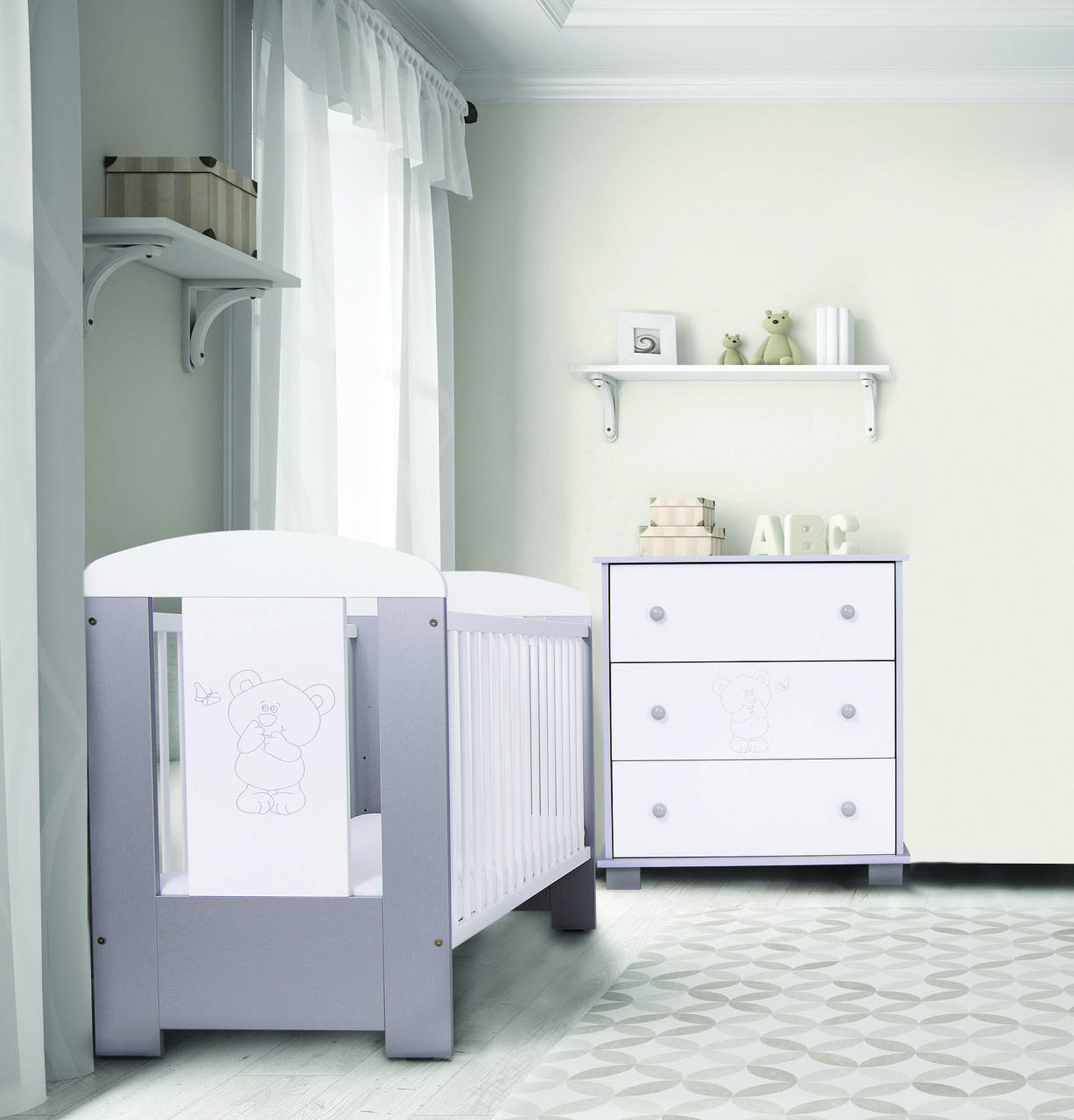 OTROŠKA POSTELJICA Medvedek bor siva, bela - siva/bela, Basics, leseni material (65/98/123cm)