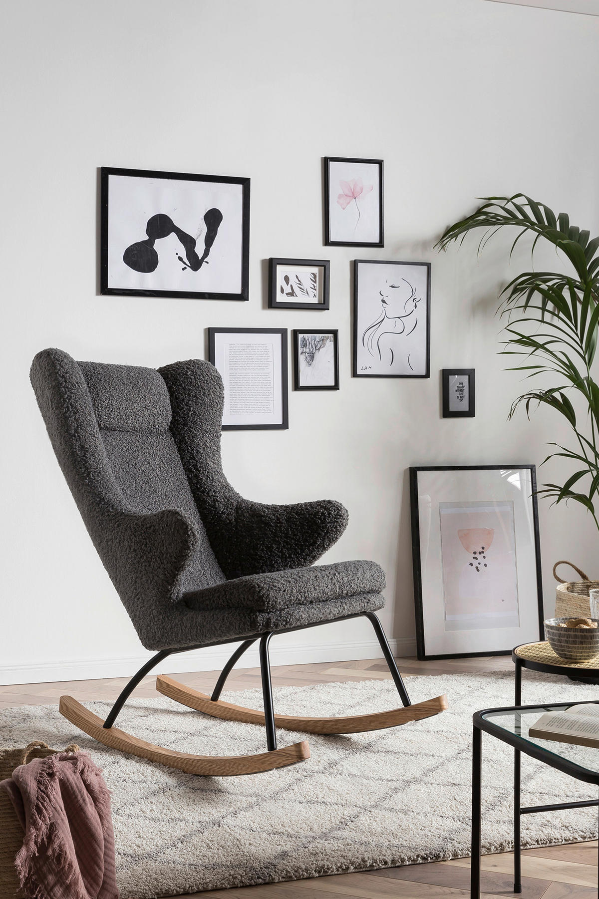 SCHAUKELSTUHL in Teddystoff Grau  - Eichefarben/Schwarz, MODERN, Holz/Textil (66/106/104cm) - Livetastic