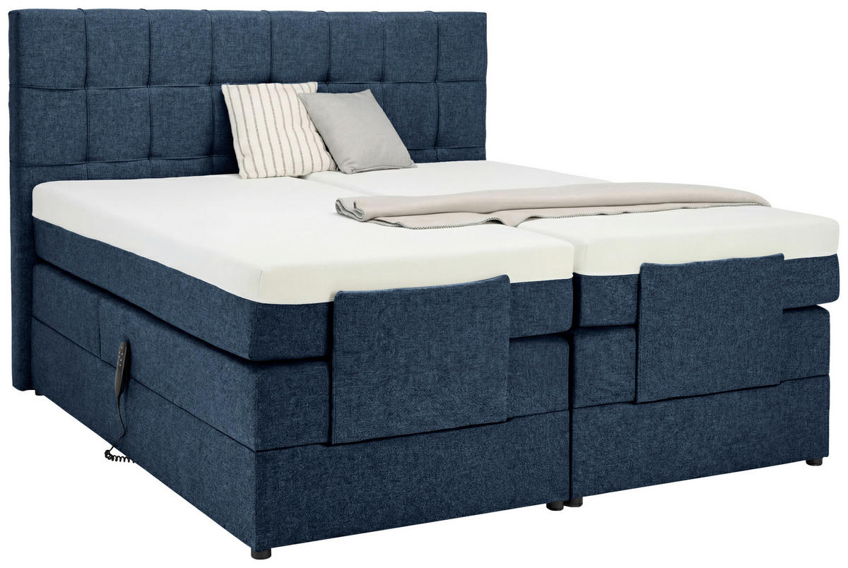 BOXSPRINGBETT 180/200 cm,  in Dunkelblau, gepolstertes Kopfteil, Topper, motorische Verstellbarkeit, Fernbedienung, Matratzen, H3 = fest  - Schwarz/Dunkelblau, KONVENTIONELL, Kunststoff/Textil (180/200cm) - Moderano