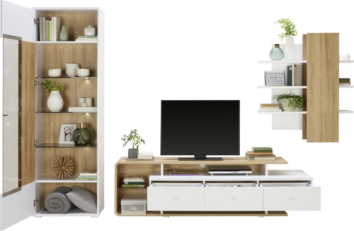 REGAL ZA DNEVNI BORAVAK bijela, boje hrasta   - bijela/srebrne boje, Moderno, staklo/drvni materijal (300/205,9/51,6cm) - Hom`in