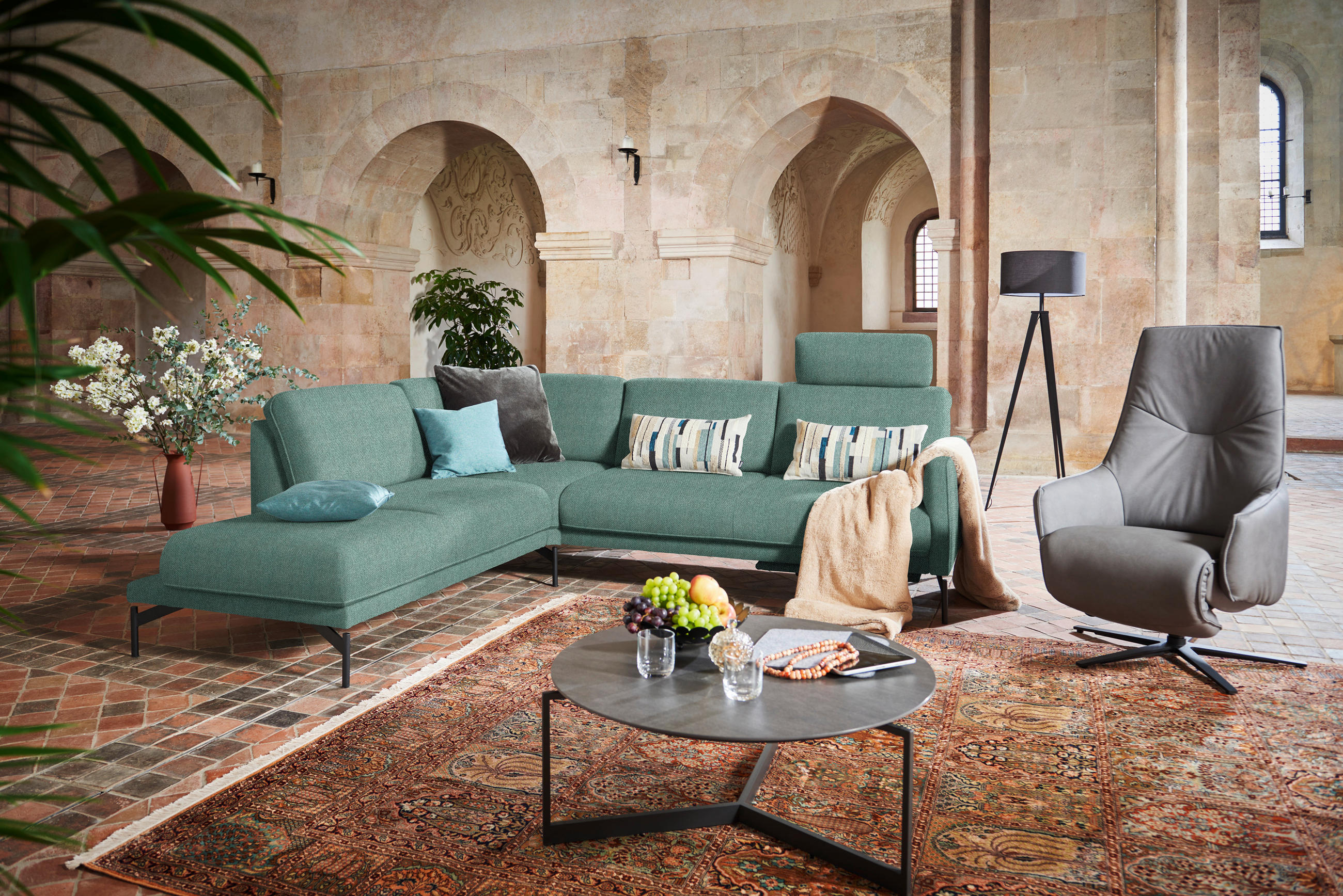 ECKSOFA in Flachgewebe Türkis  - Türkis/Anthrazit, Design, Textil/Metall (230/254cm) - Johann Jakob