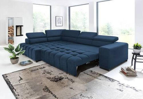 ECKSCHLAFSOFA in Velours Blau  - Blau/Schwarz, Design, Holz/Textil (201/307cm) - Livetastic