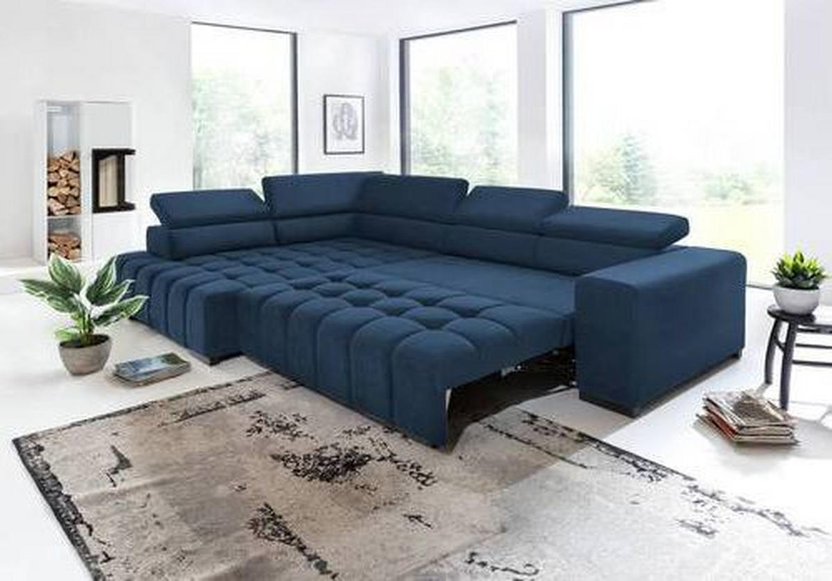 ECKSCHLAFSOFA in Velours Blau  - Blau/Schwarz, Design, Holz/Textil (201/307cm) - Livetastic