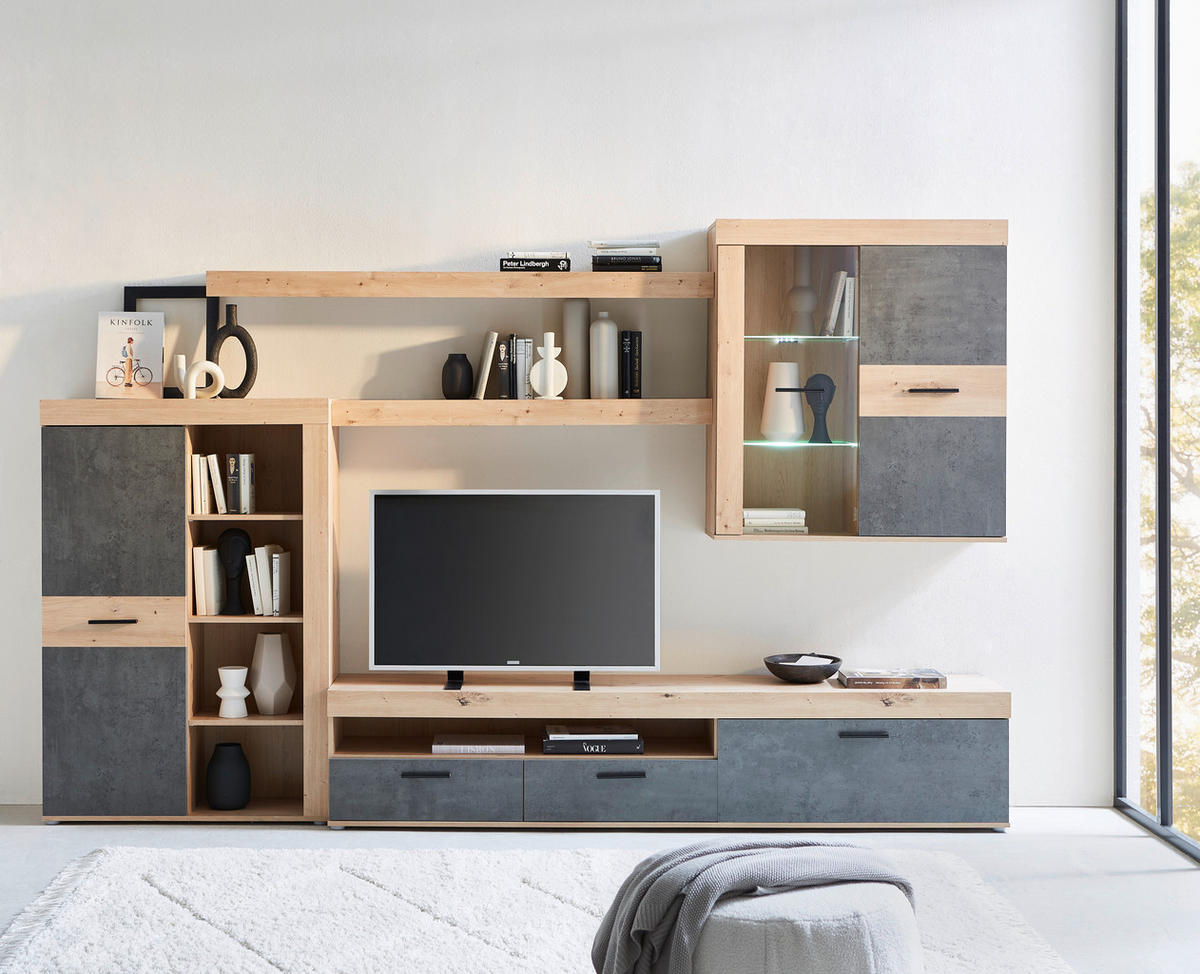 WOHNWAND  in Eiche Artisan 300/200,9/41 cm  - Schwarz/Eiche Artisan, Design, Glas/Holzwerkstoff (300/200,9/41cm) - Carryhome