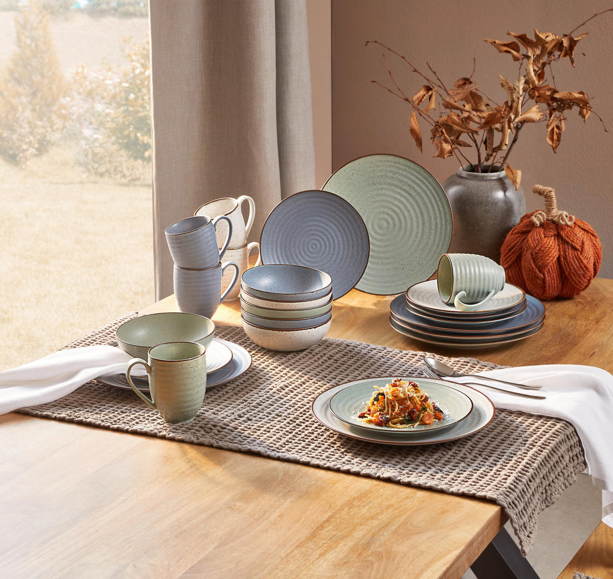 KOMBISERVICE Blau, Grün, Beige Farmhouse 24-teilig 6 Personen  - Blau/Beige, Design, Keramik - Landscape