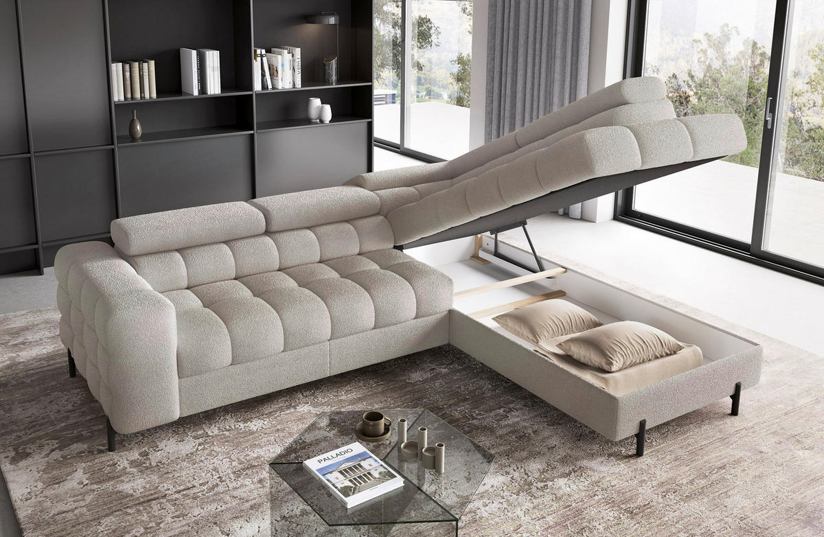 ECKSOFA FERUCCE in Teddystoff Beige  276/200 cm  - Beige/Schwarz, Design, Textil/Metall (276/200cm) - MID.YOU