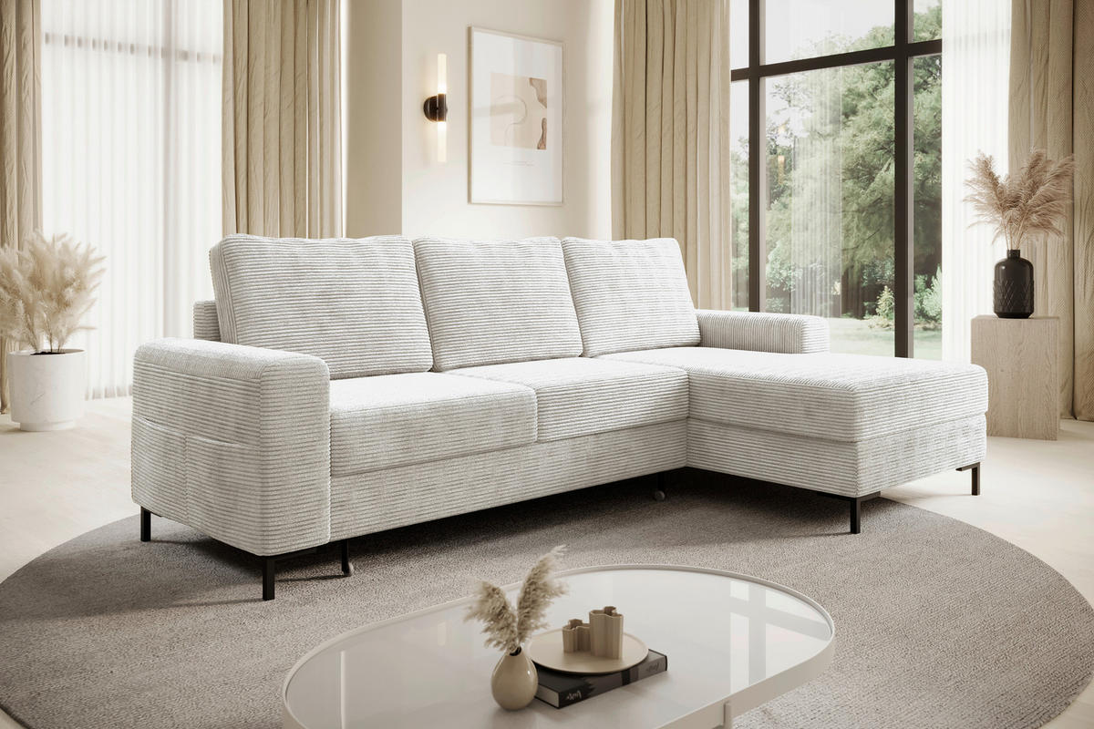 ECKSOFA Naturfarben Cord Rückenkissen, Bettkasten, Schlaffunktion, Rücken echt, Liegefläche im Originalstoff  - Schwarz/Naturfarben, KONVENTIONELL, Textil/Metall (240/150cm) - Carryhome