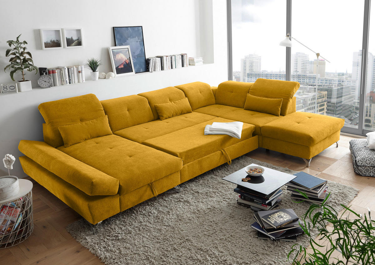 WOHNLANDSCHAFT in Mikrovelours Gelb  - Gelb/Silberfarben, Modern, Textil/Metall (168/350/245cm) - MID.YOU