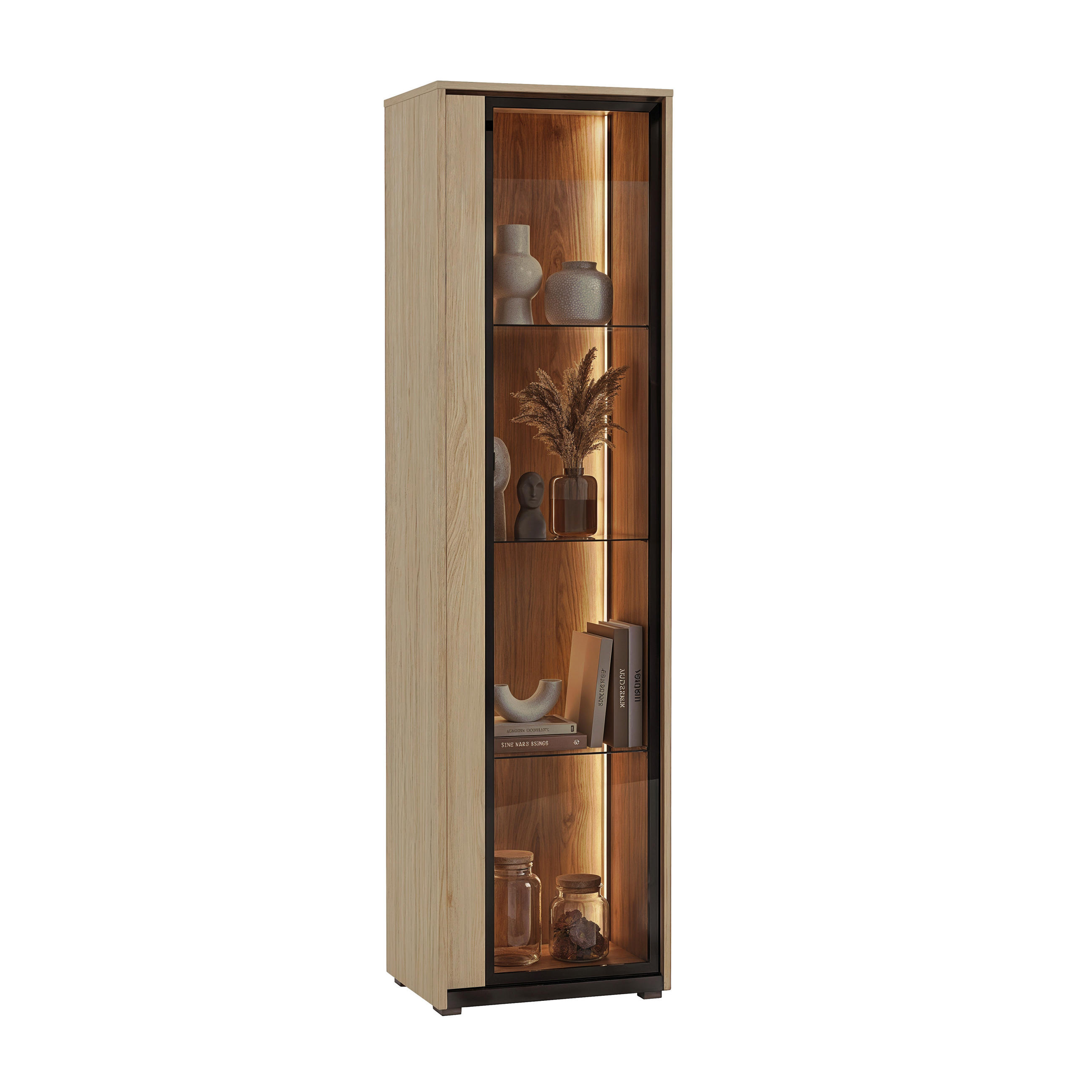 VITRINSKÅP FRAME svart, ekfärgad  50/190/34 cm  - svart/ekfärgad, Modern, trämaterial/glas (50/190/34cm) - Stylife
