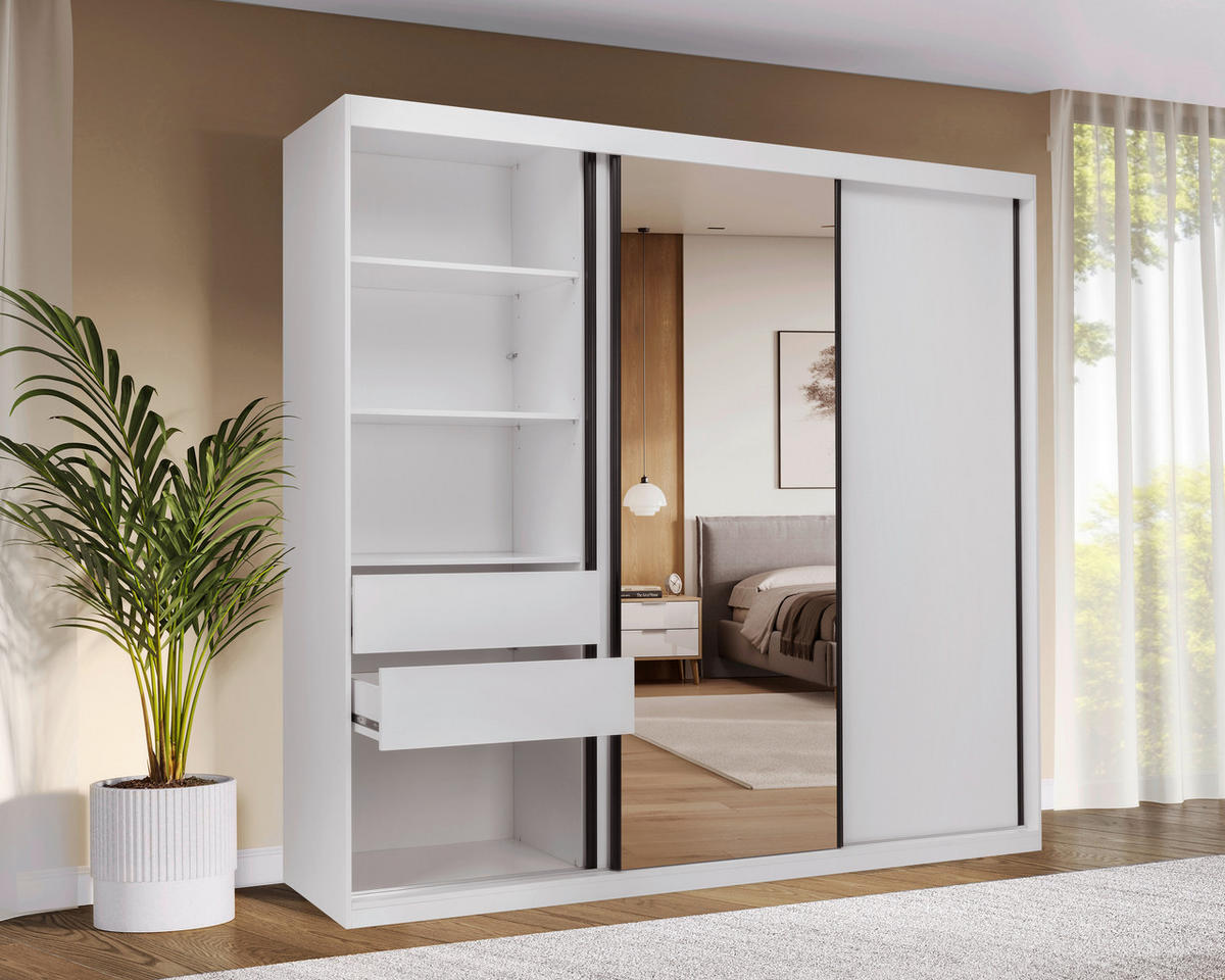 SCHIEBETÜRENSCHRANK 250/215/59,5 cm 3-türig Weiß  - Schwarz/Weiß, MODERN, Holzwerkstoff/Metall (250/215/59,5cm) - MID.YOU