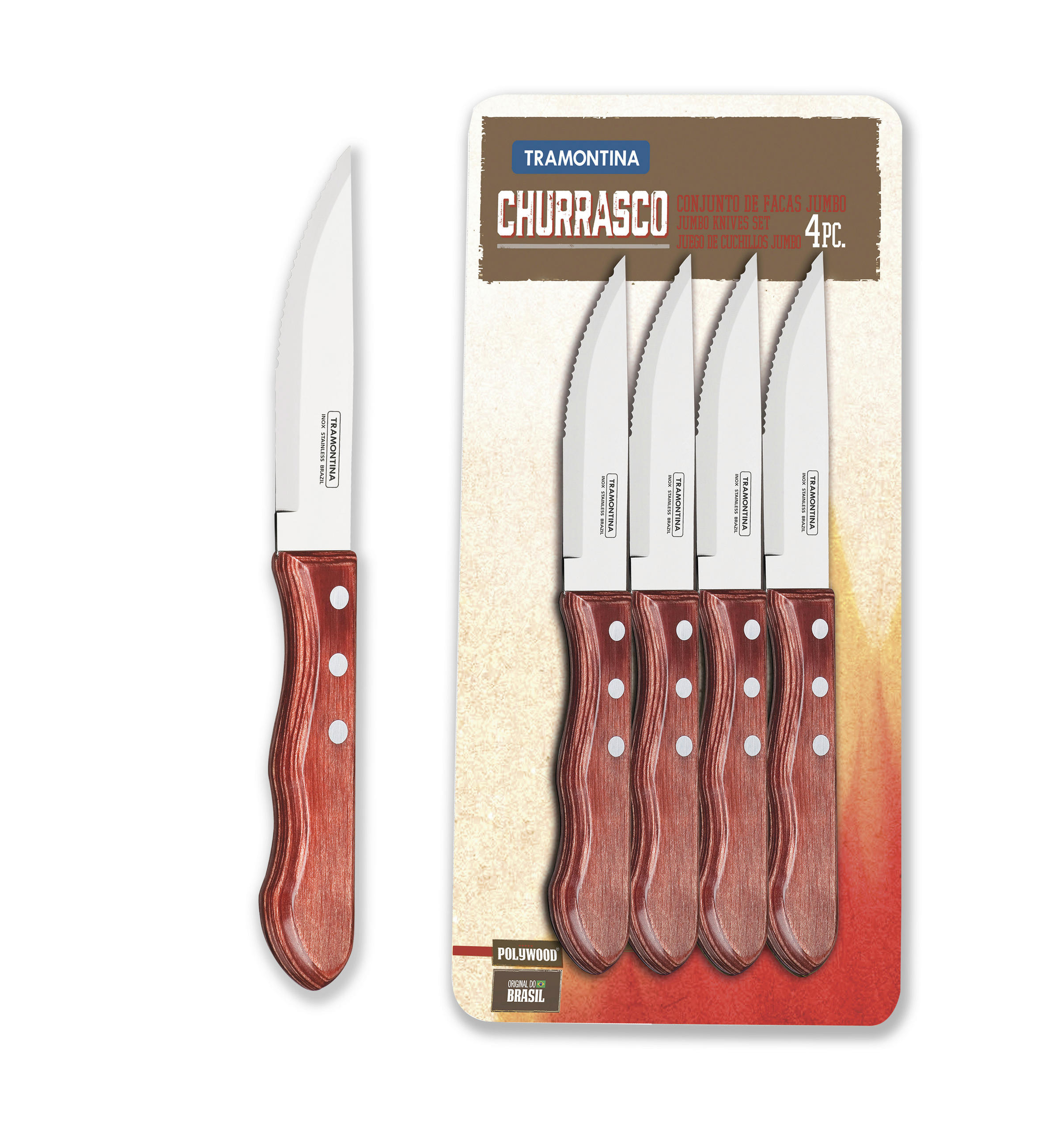 STEAKMESSERSET JUMBO  - Edelstahlfarben/Rot, Basics, Holz/Metall (25cm)