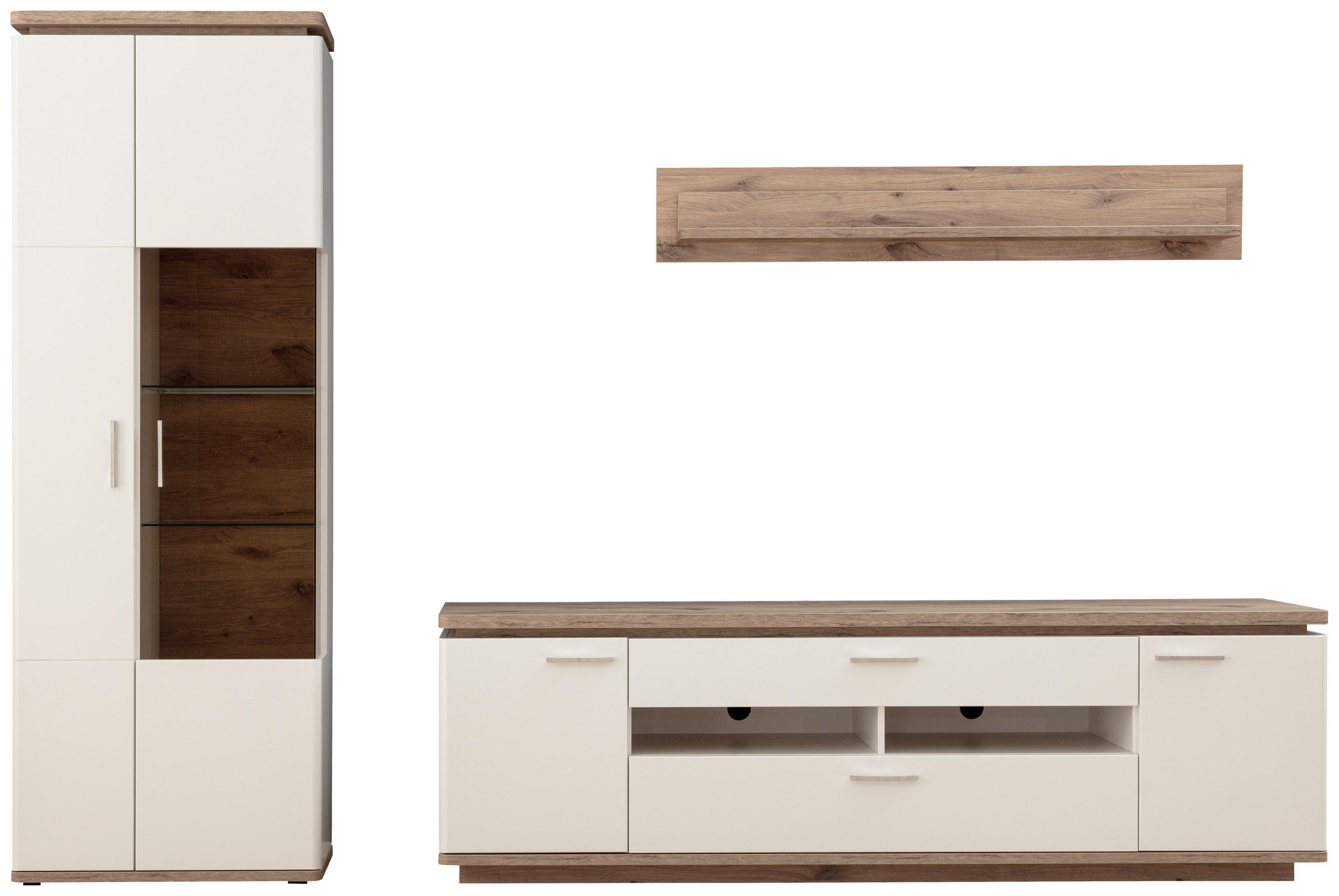 WOHNWAND 3-teilig in Weiss, Eichefarben 295/208/50 cm - Weiss/Eichefarben, Design, Glas/Holzwerkstoff (295/208/50cm) - Livetastic