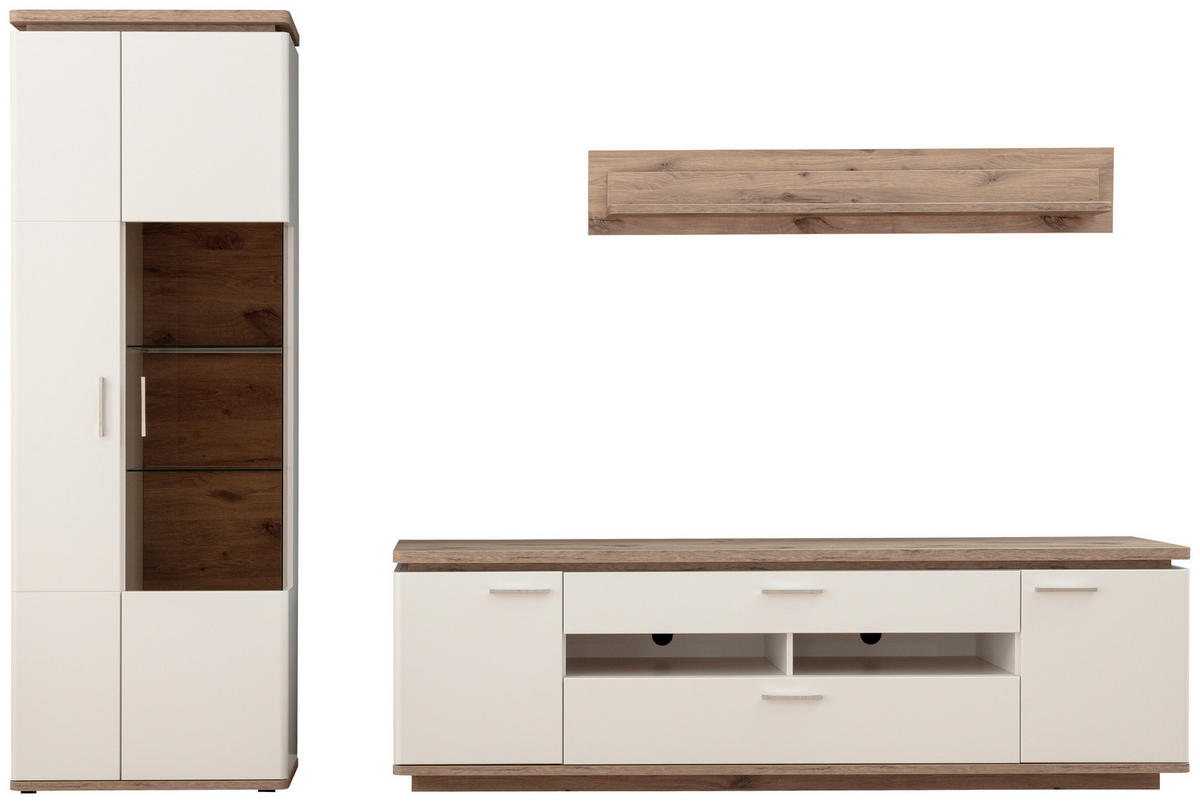 WOHNWAND 3-teilig  in Weiss, Eichefarben 295/208/50 cm  - Weiss/Eichefarben, Design, Glas/Holzwerkstoff (295/208/50cm) - Livetastic