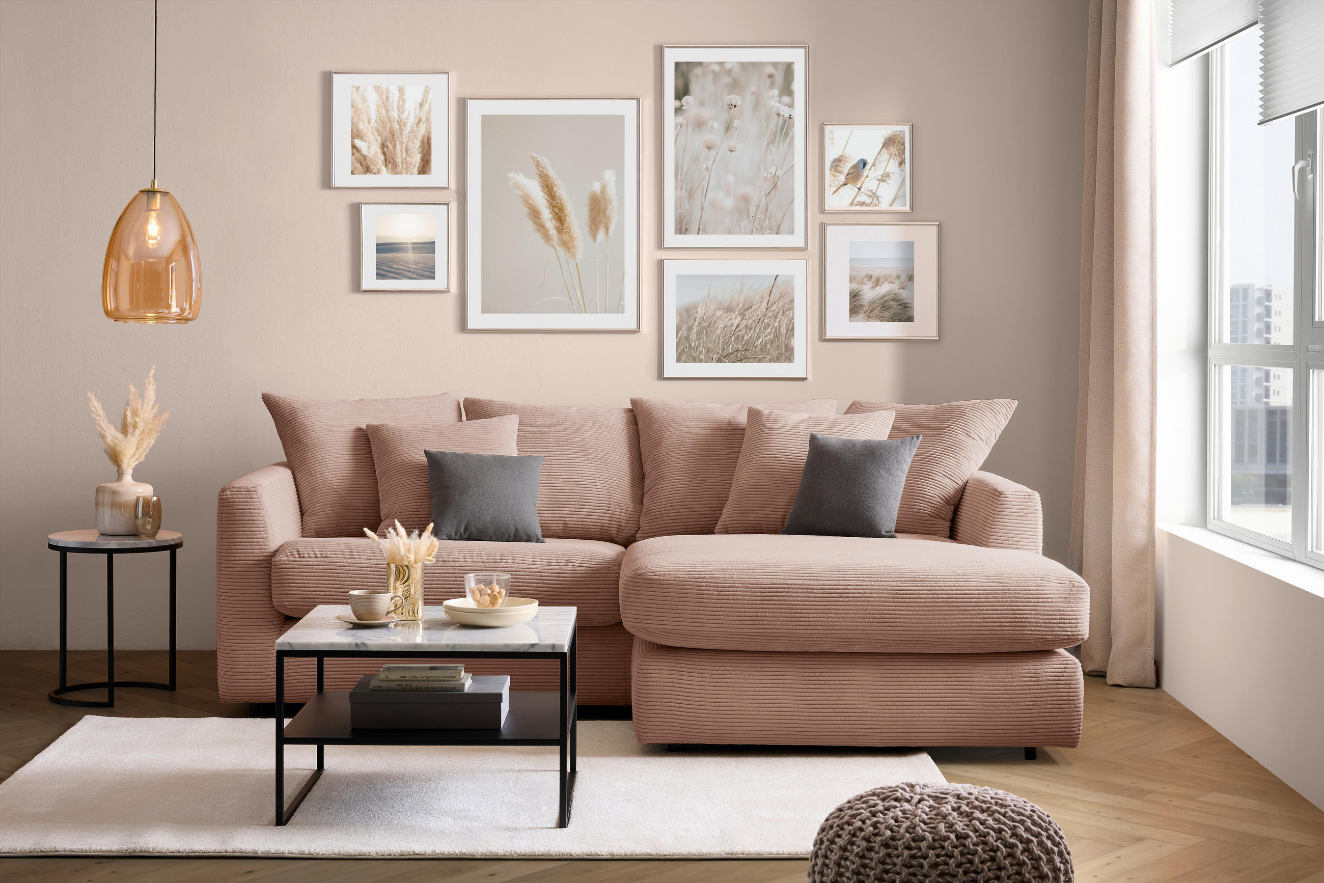 ECKSOFA Rosa Cord  - Schwarz/Rosa, Design, Kunststoff/Textil (235/175cm) - home24