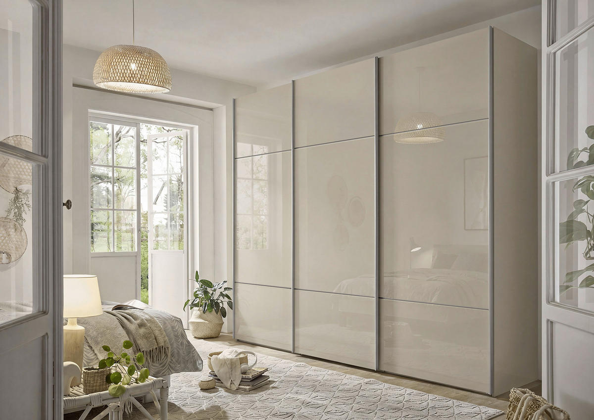 SCHWEBETÜRENSCHRANK 249/222/68 cm 3 Tür(en)-türig Sandfarben  - Sandfarben/Alufarben, Design, Glas/Holzwerkstoff (249/222/68cm) - Moderano