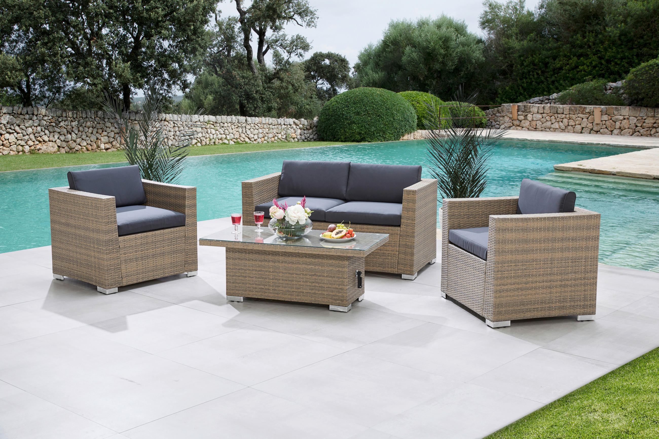 GARTENBANK 147/71/74 cm  in Braun, Dunkelgrau  - Dunkelgrau/Silberfarben, KONVENTIONELL, Kunststoff/Textil (147/71/74cm) - Gardenson