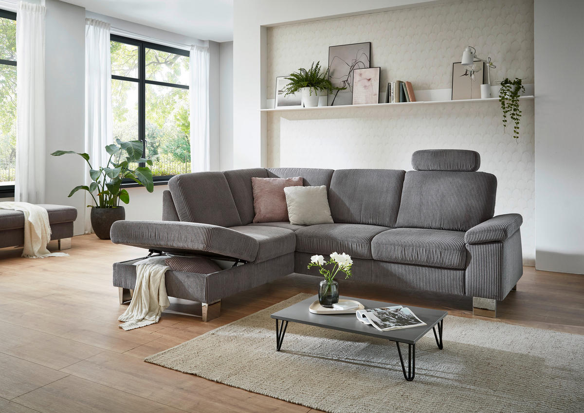 ECKSOFA in Cord Anthrazit  - Edelstahlfarben/Anthrazit, Konventionell, Textil/Metall (200/248cm) - Beldomo System