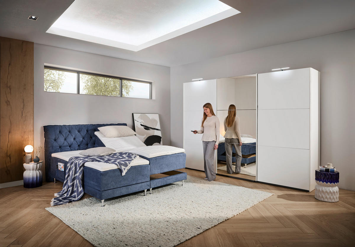 BOXSPRINGBETT 180/200 cm,  in Blau, Matratze, Lattenrost, Topper, H3 + H5 = fest + hart  - Blau/Alufarben, Basics, Textil/Metall (180/200cm) - Welnova