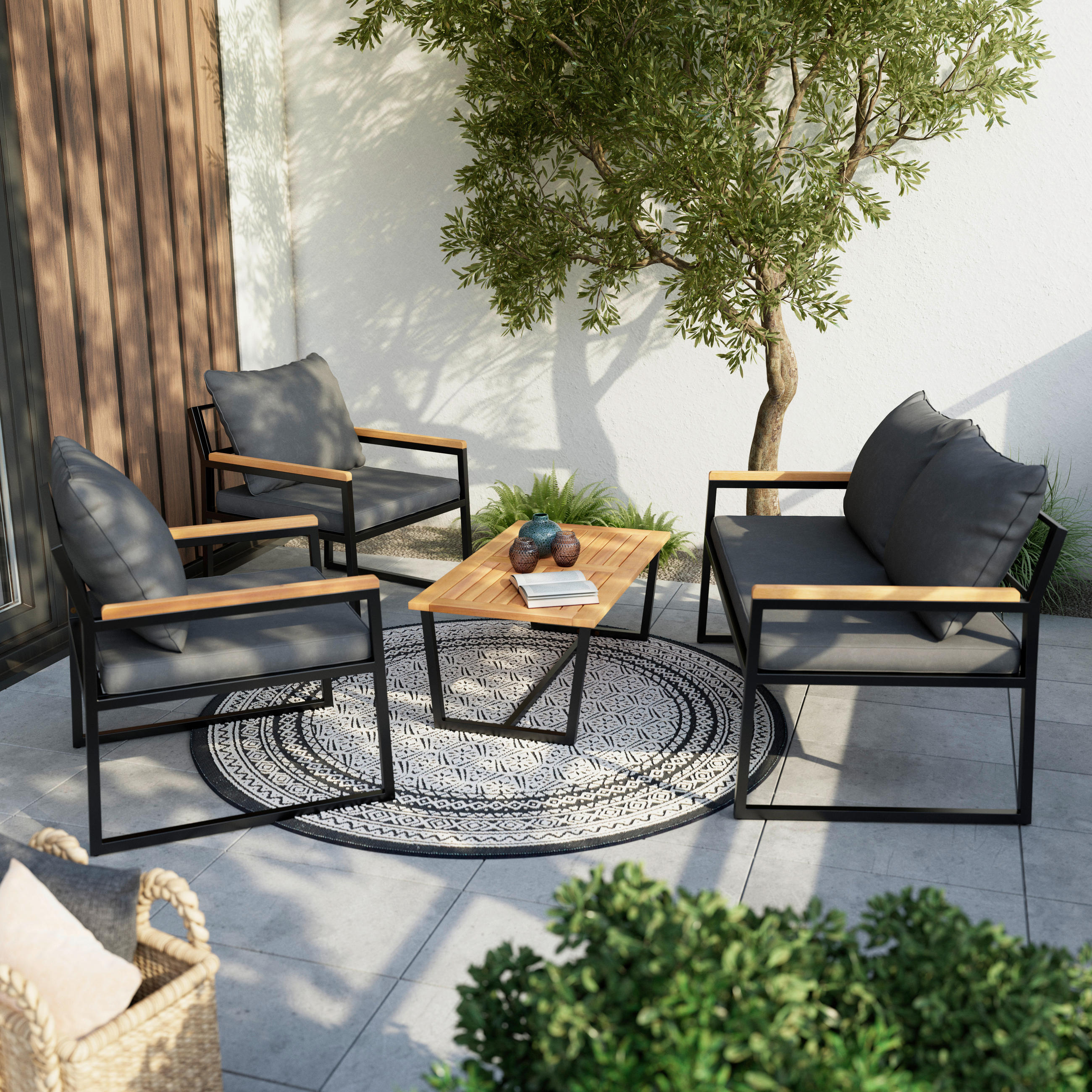 GARTENSET Webstoff Akazie Hartholz Stahl  - Schwarz/Akaziefarben, Design, Holz/Textil (262/134/69cm) - Ambia Garden