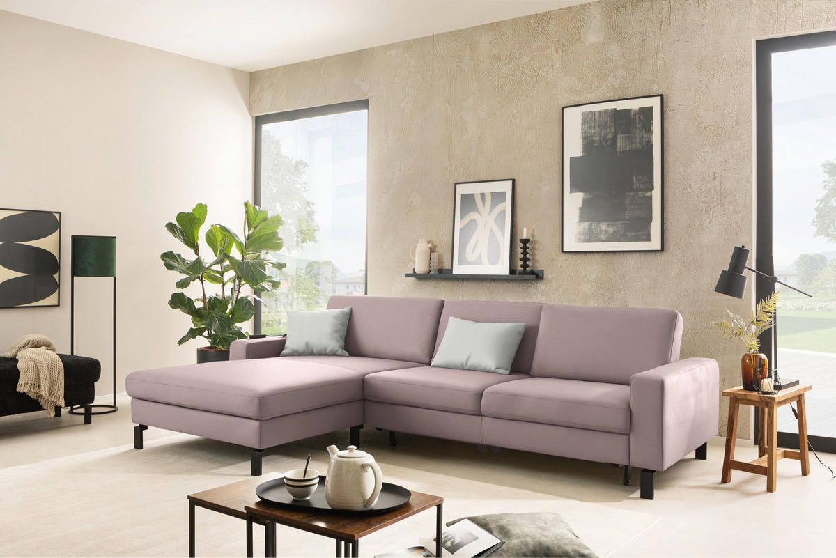 ECKSOFA  in Cord Rosa Rücken echt, Sitztiefenverstellung  185/298 cm  - Schwarz/Rosa, Design, Textil/Metall (185/298cm) - Pure Home Lifestyle