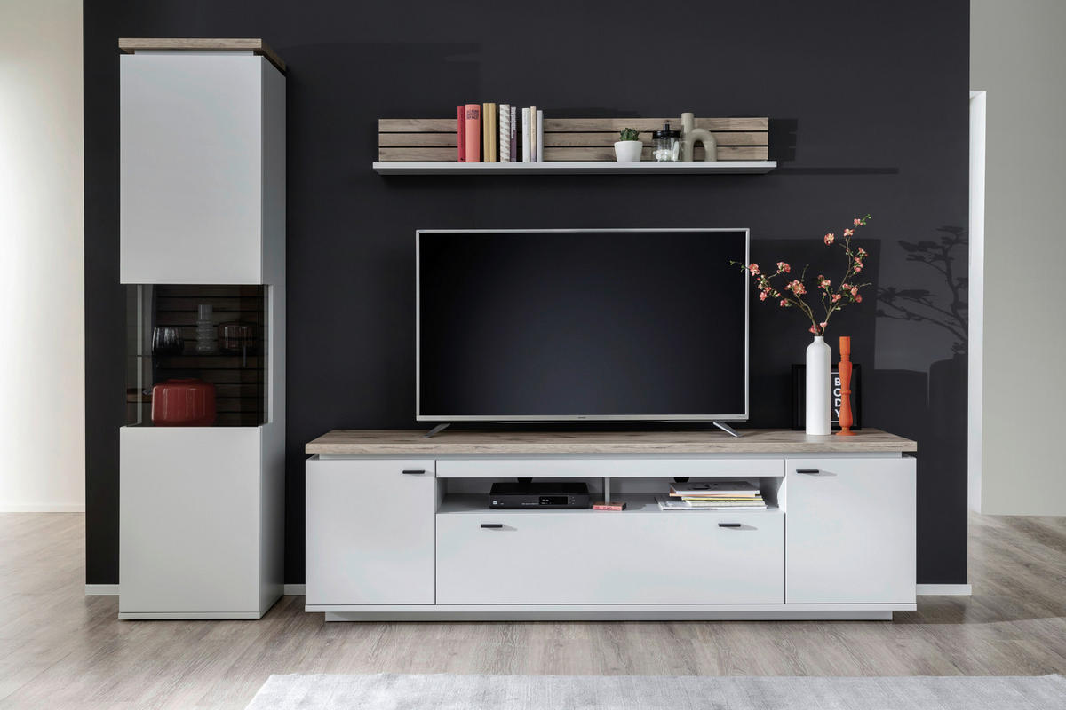 WOHNWAND 3-teilig  in Weiß, Eichefarben   - Eichefarben/Anthrazit, Design, Glas/Holzwerkstoff (270/207/50cm) - Stylife