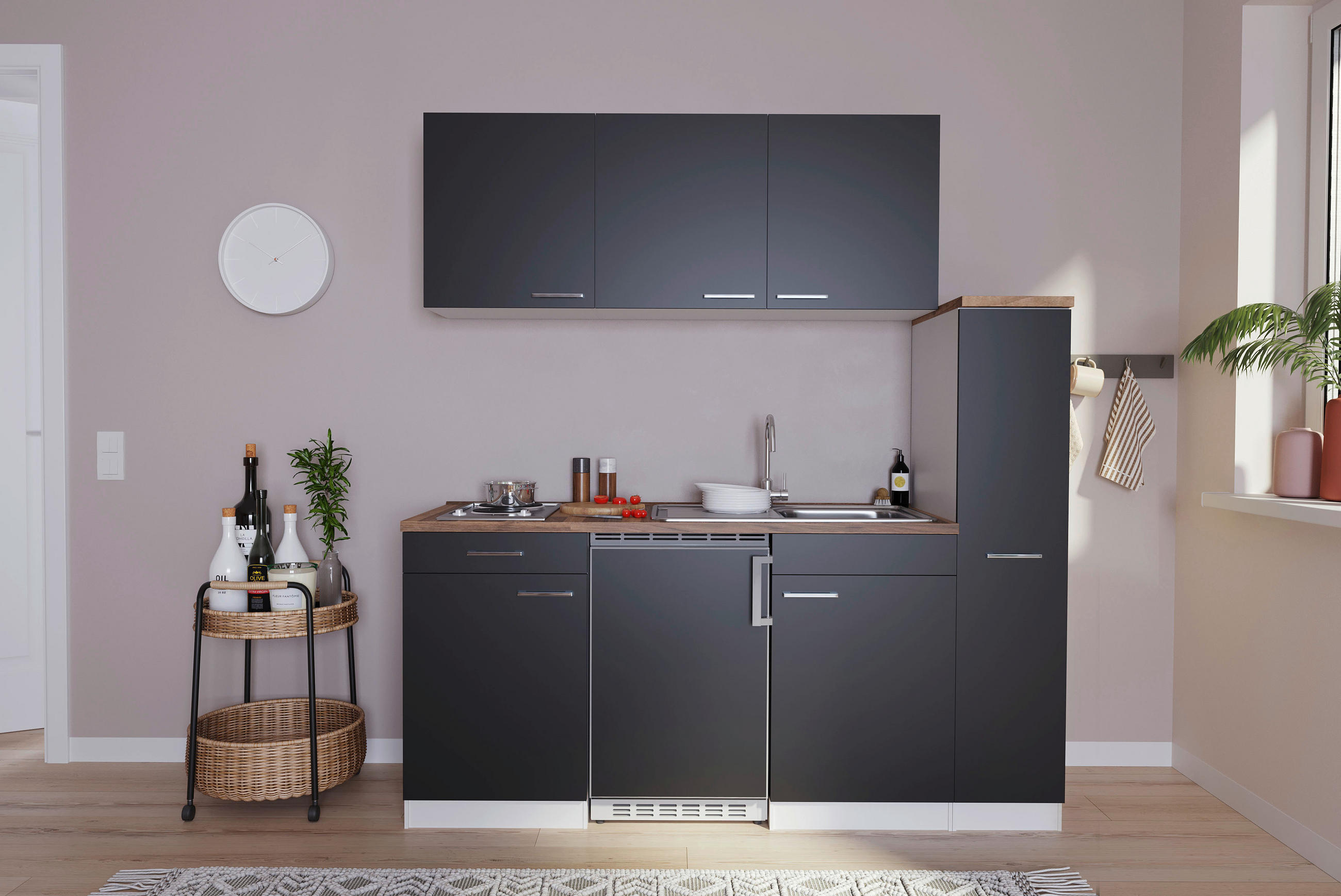 KÜCHENBLOCK 180 cm in Schwarz - Nussbaumfarben/Alufarben, Basics, Holzwerkstoff/Kunststoff (180cm) - Respekta