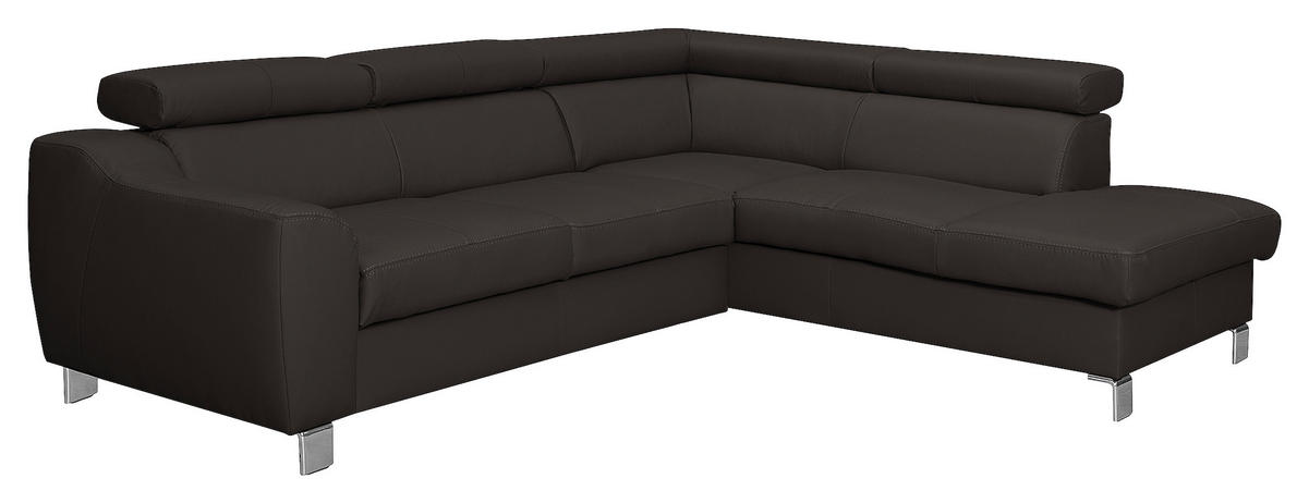ECKSOFA Dunkelbraun Echtleder Lederlook Rücken echt, Kopfteilverstellung  - Chromfarben/Dunkelbraun, Design, Leder/Textil (245/208cm) - Livetastic