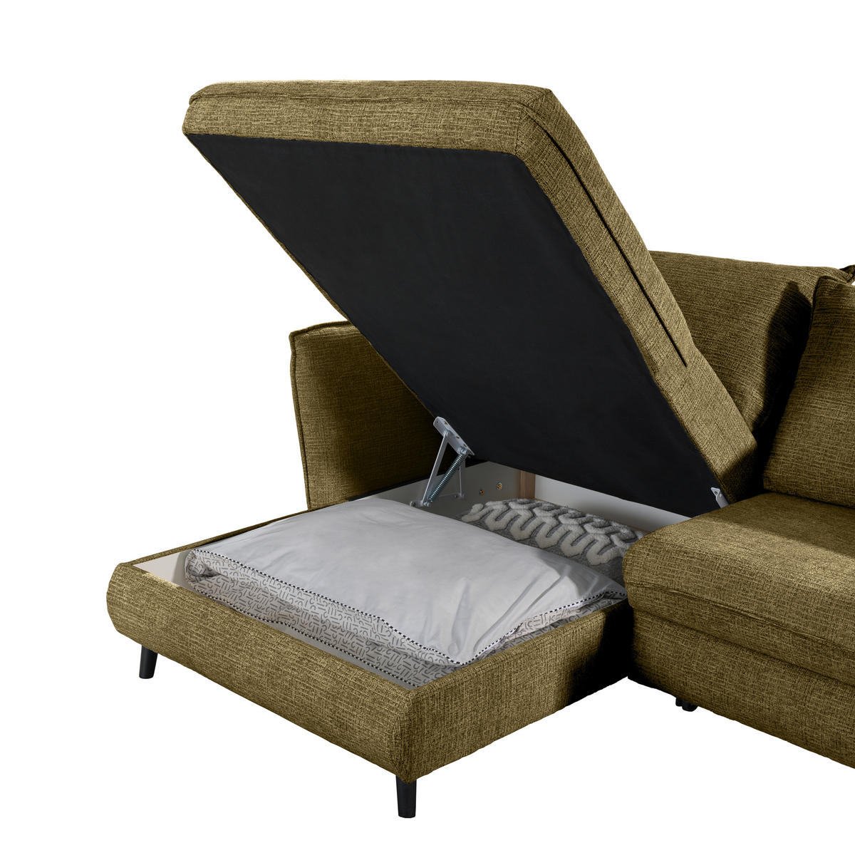 ECKSOFA inkl. Funktionen Olivgrün Struktur  - Schwarz/Olivgrün, Design, Holz/Textil (245/161cm) - Stylife