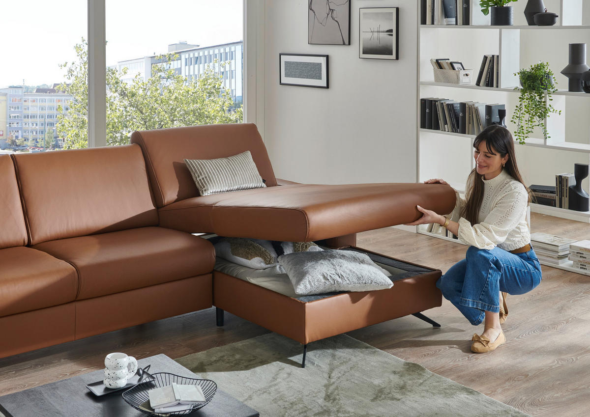 ECKSOFA in Echtleder Cognac  - Cognac/Schwarz, Design, Leder/Metall (165/267cm) - Lomoco
