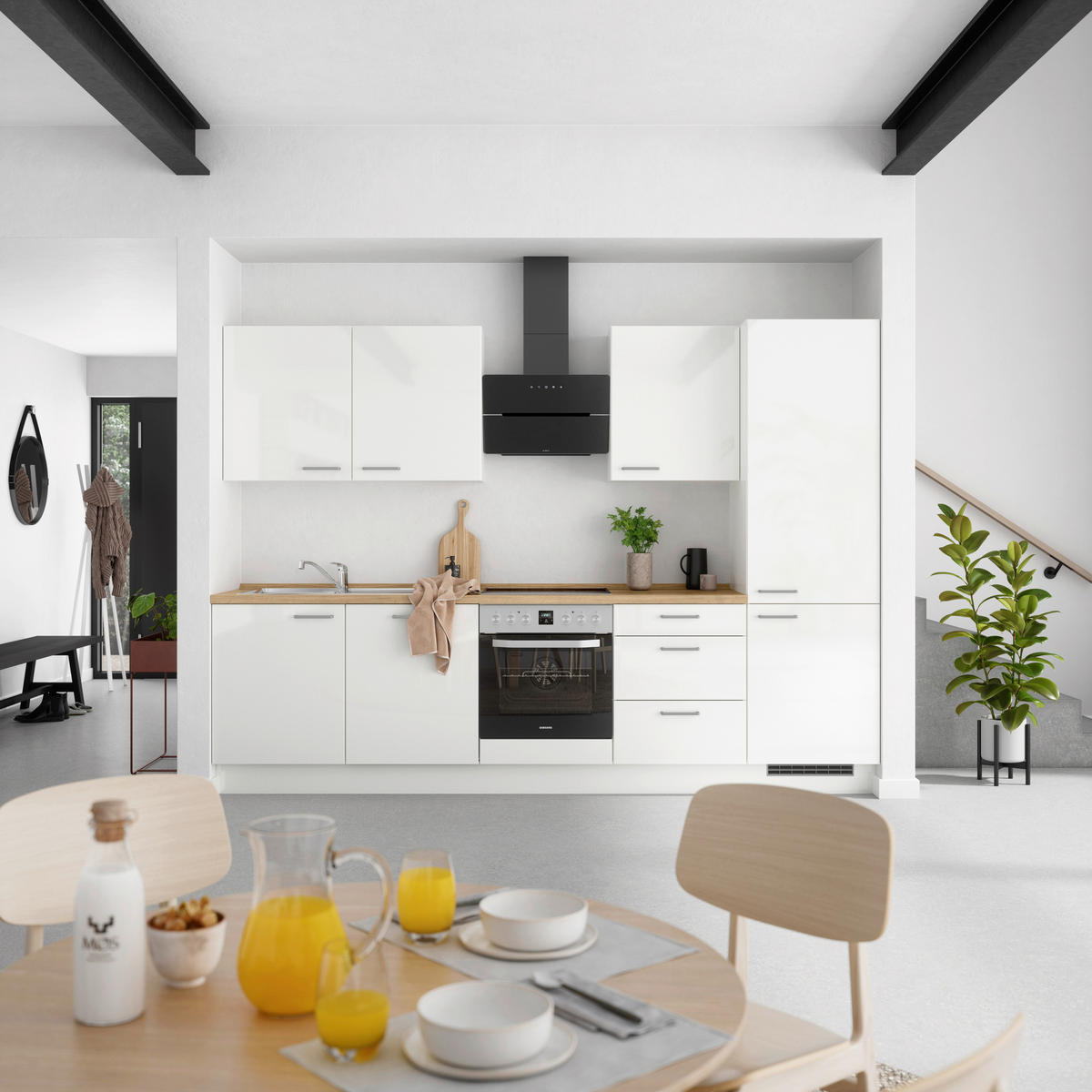 KÜCHENLEERBLOCK 300 cm   in Eichefarben, Weiß Hochglanz  - Edelstahlfarben/Eichefarben, MODERN, Holzwerkstoff/Metall (300cm) - Nobilia