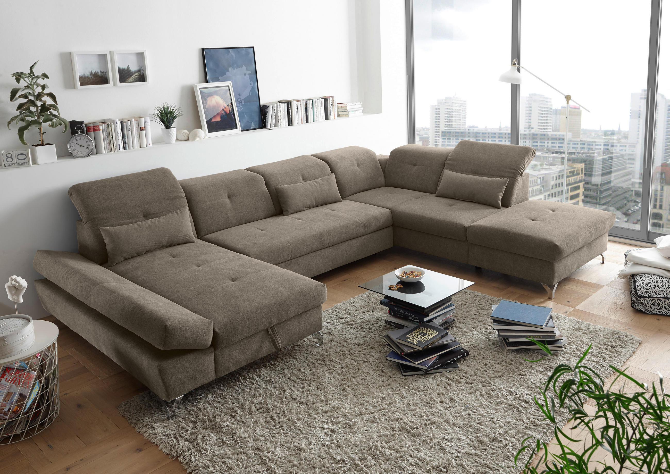 WOHNLANDSCHAFT in Mikrovelours Graubraun  - Graubraun/Silberfarben, MODERN, Textil/Metall (168/350/245cm) - MID.YOU